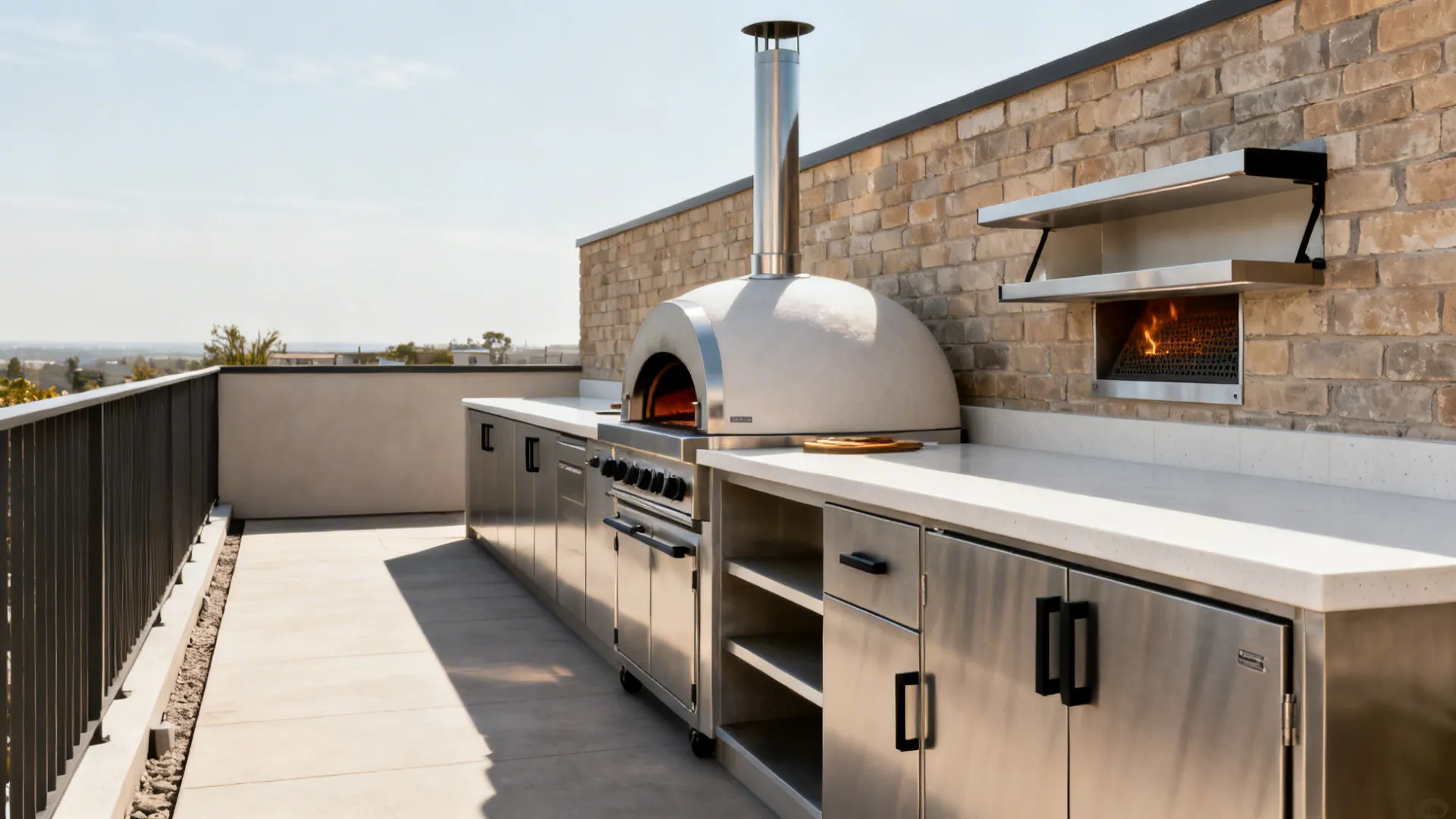 Modern outdoor balcony kitchen featuring stainless steel cabinets, white counter, pizza oven, and brick wall