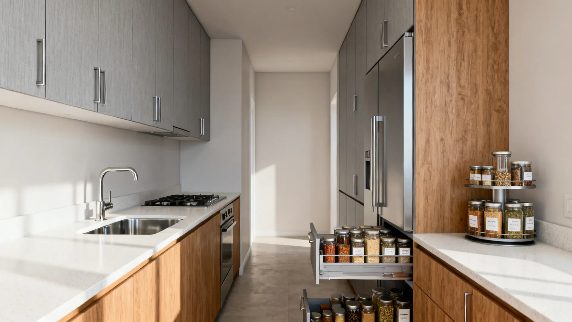 1) Minimalist storage for compact kitchens
