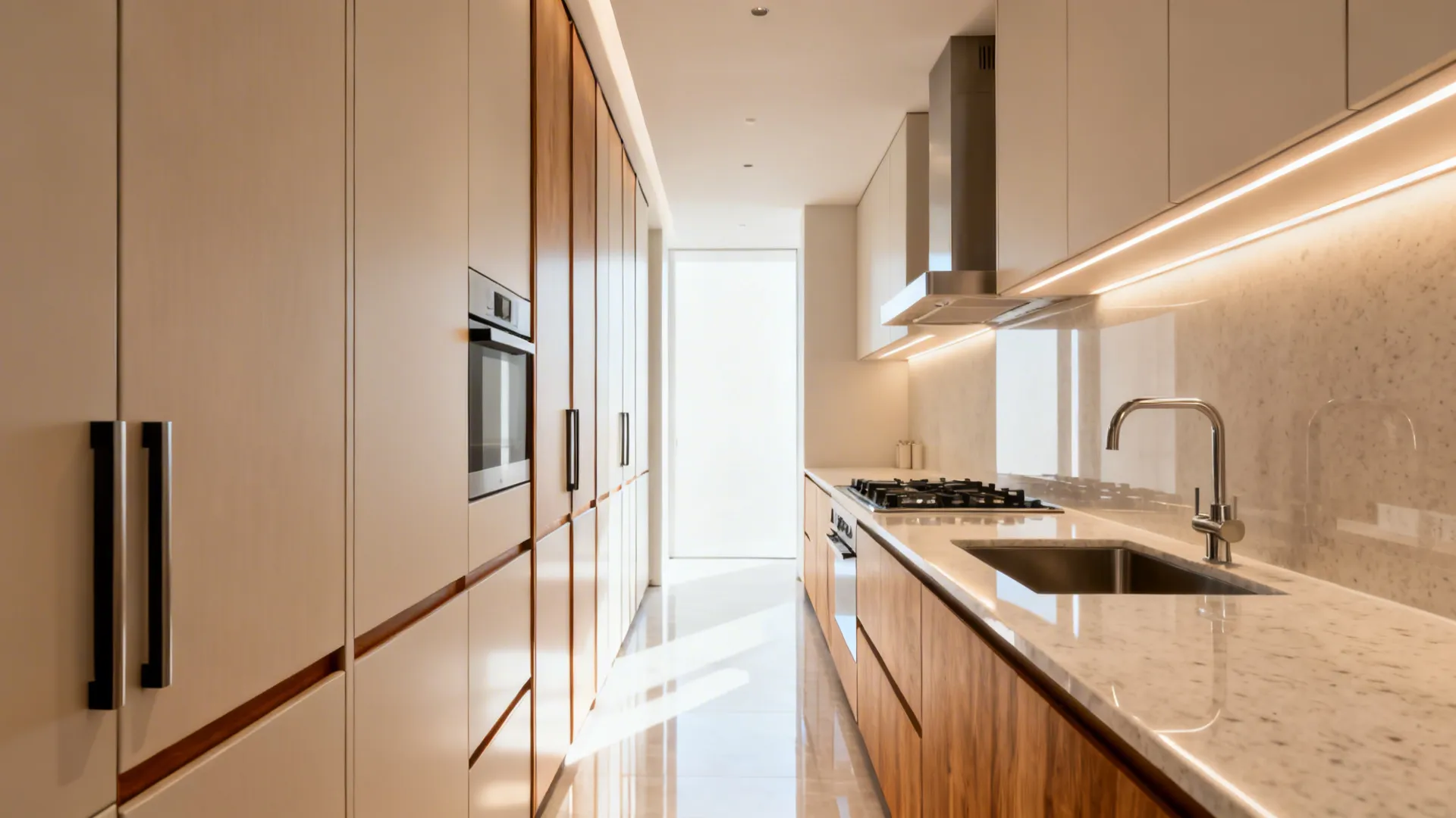 Minimal galley kitchen with tall pantry wall and bright light finishes to open up a narrow space.