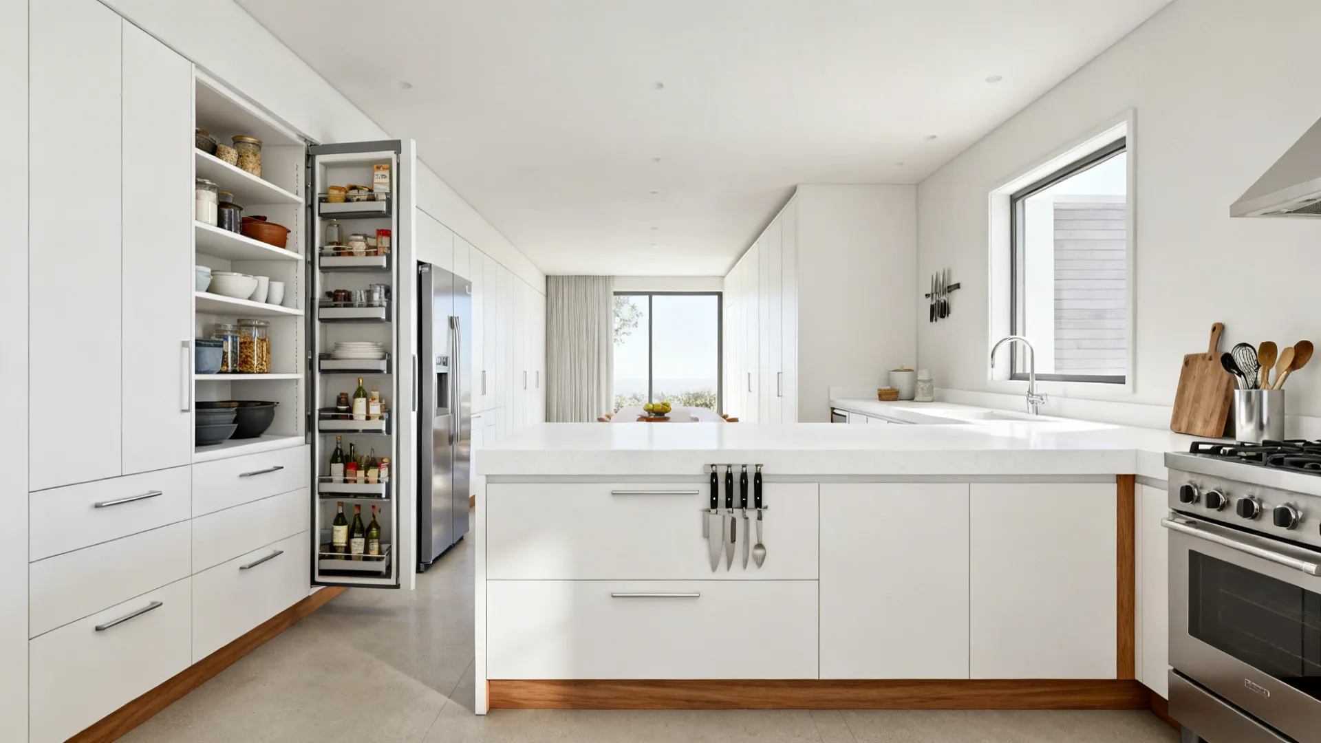 Minimalist 14x6 galley kitchen with tall pull-out pantry and a clear 36-inch prep area.