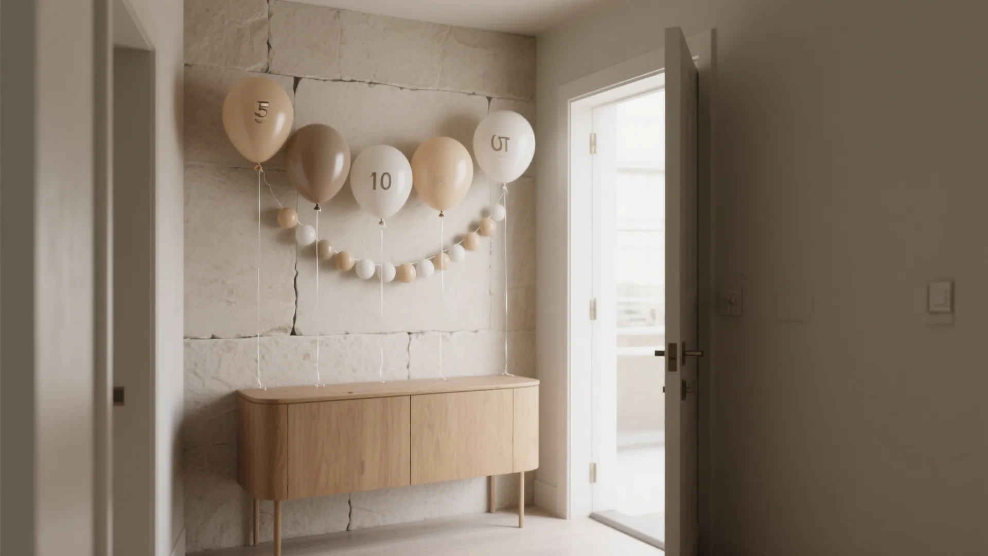 Modern entryway with wooden cabinet and balloons against a stone wall next to open door