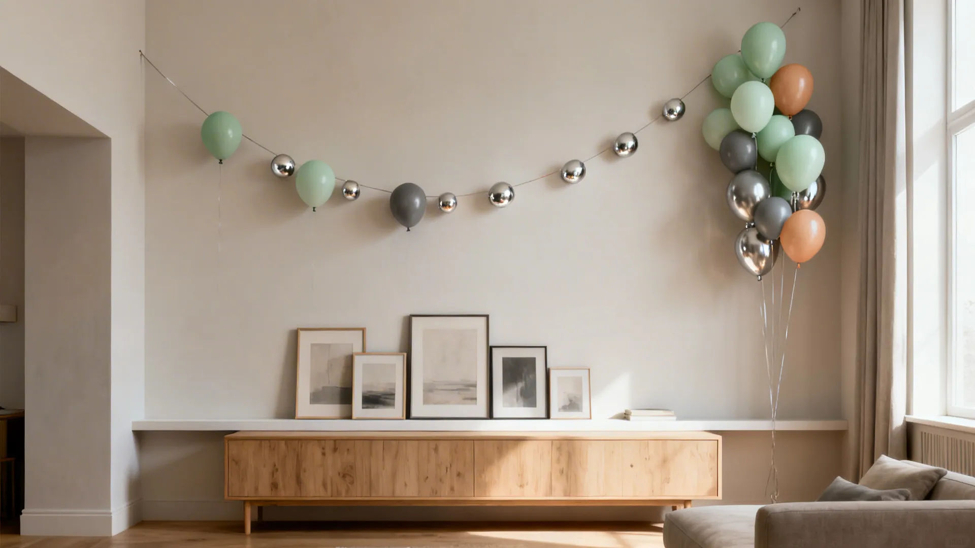Wooden cabinet with art frames below a wall decorated with colorful balloons and silver balls