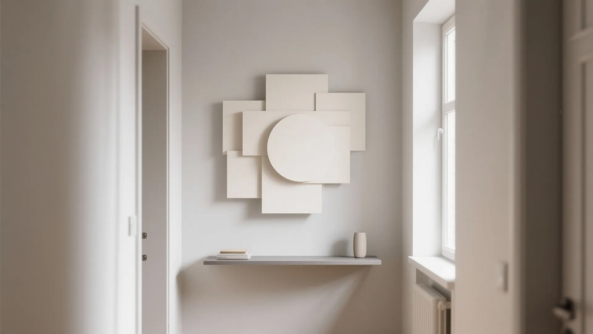 Modern hallway with geometric wall art above a grey shelf with books and small vase