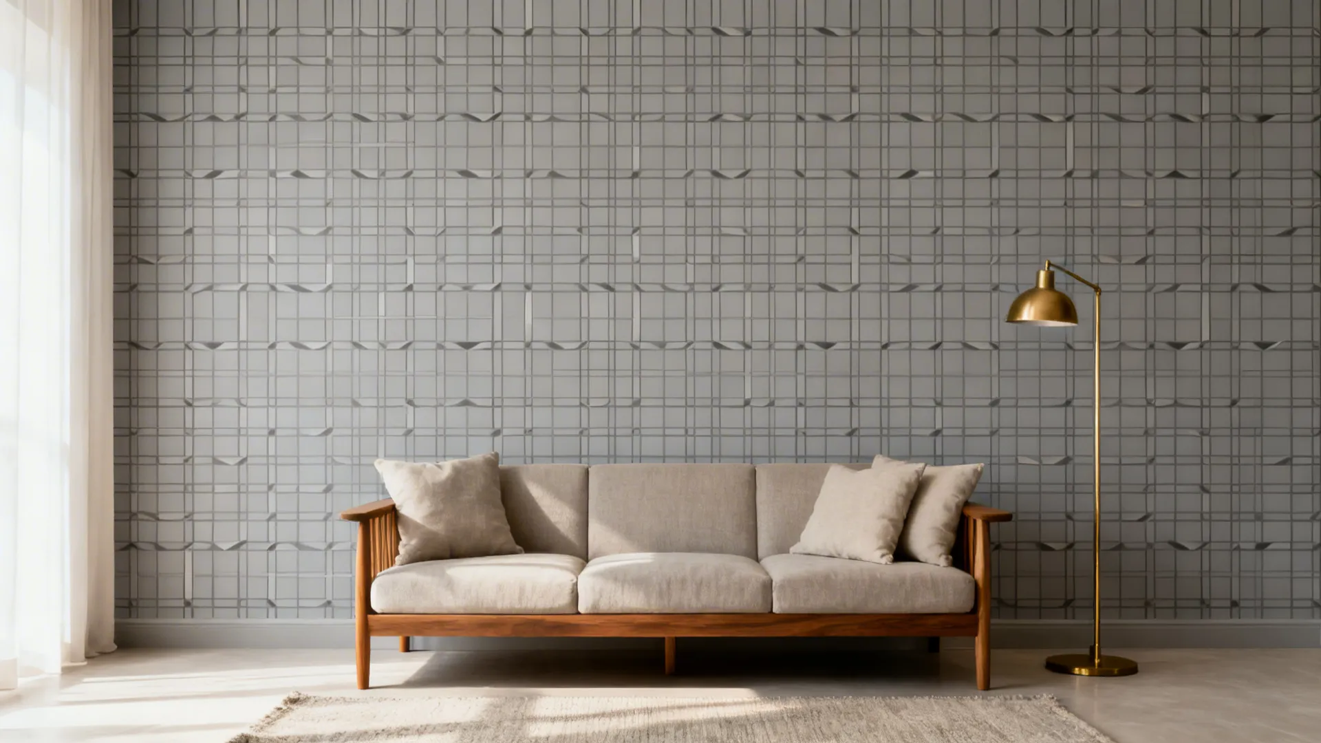 Warm grey 3D geometric wallpaper adds width behind a sofa in a minimalist Indian living room.