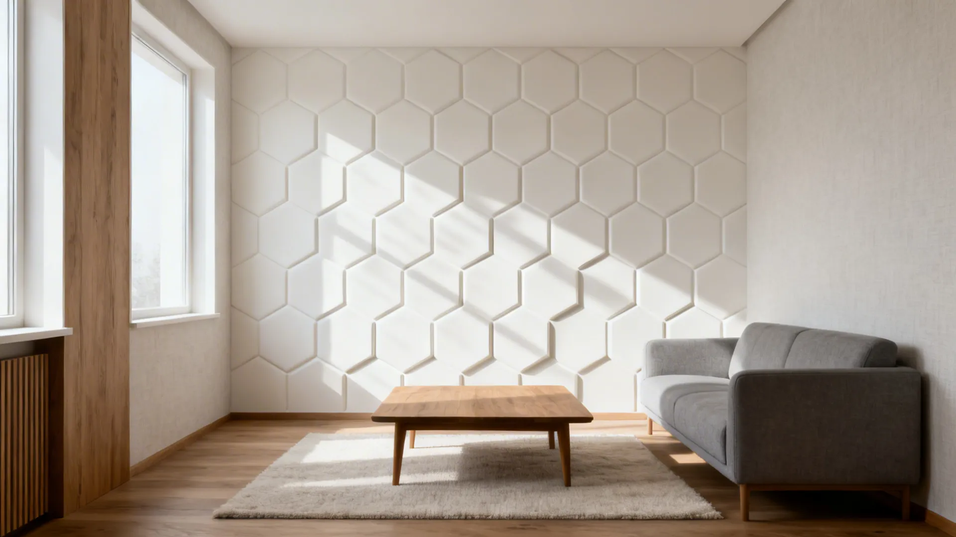 Small living room with a matte off-white hex 3D relief accent wall in soft daylight.