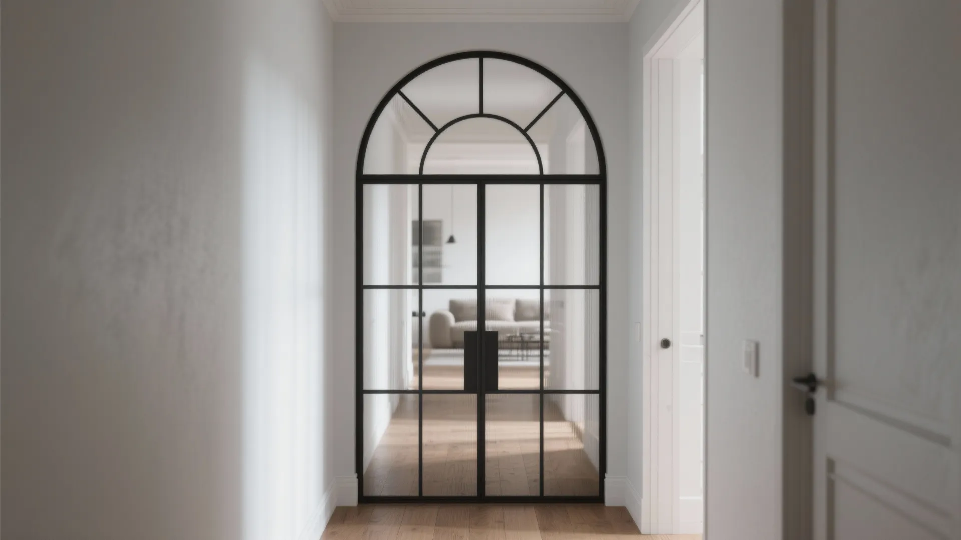 Minimalist framed glass arch that clarifies the hall