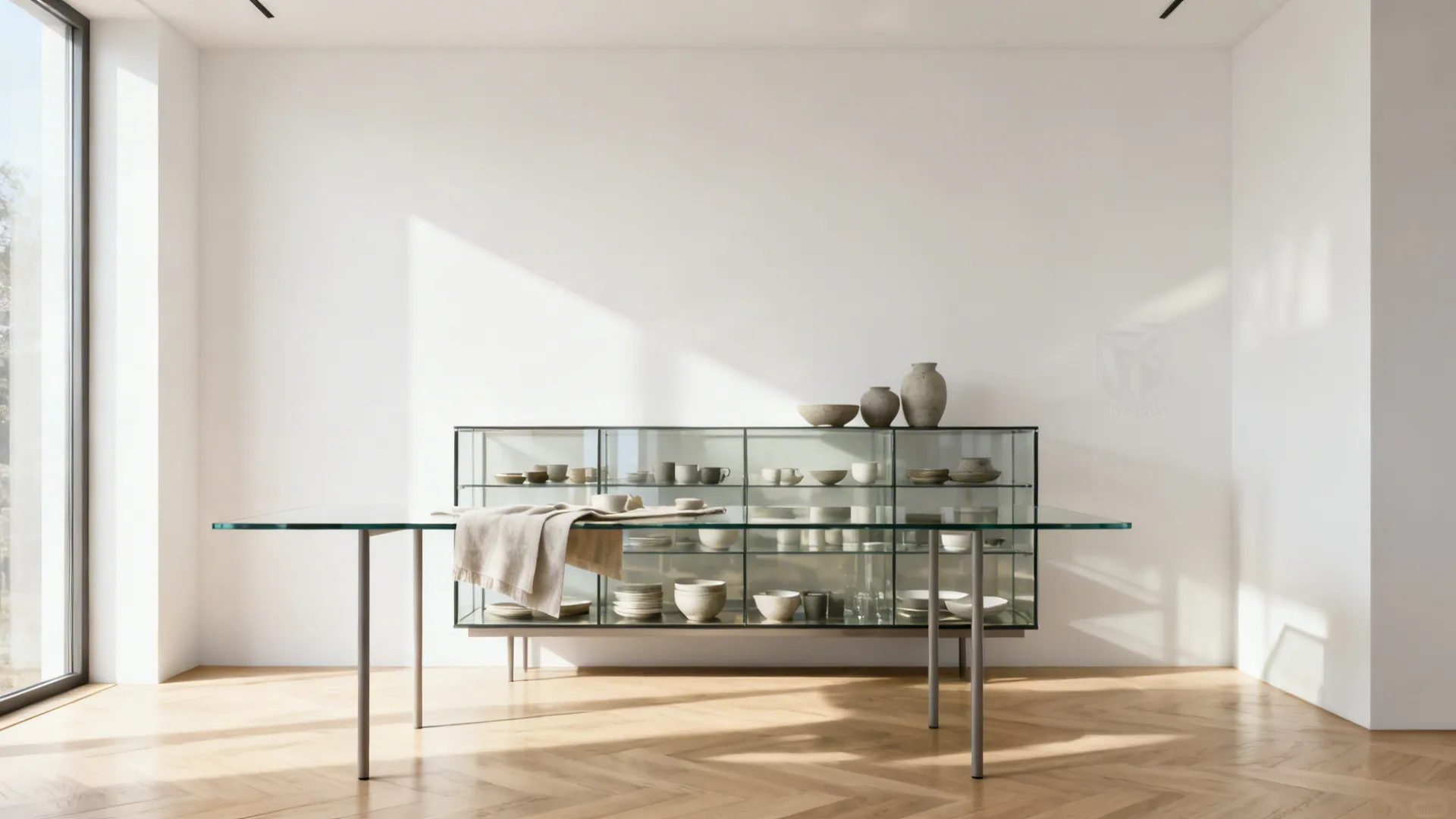 Slim modern dining table with a low-profile glass-front china cabinet showcasing stoneware.