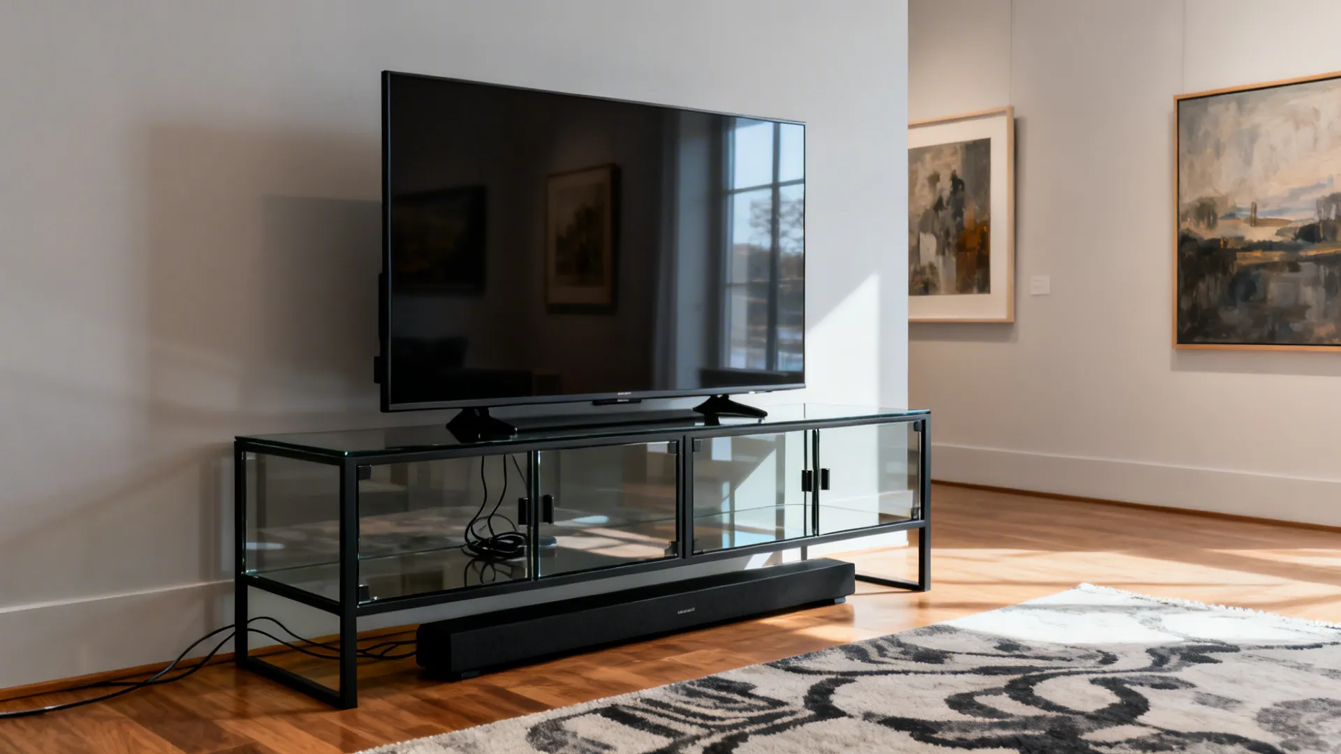 1) Minimal framed glass media console