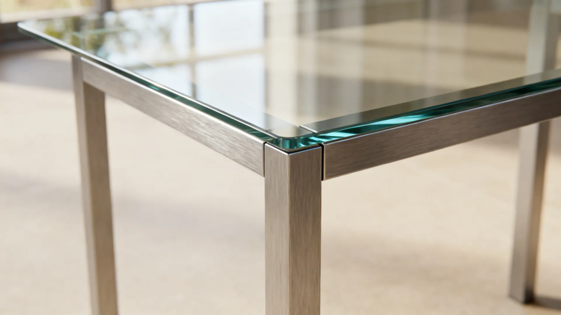 Close-up of a clear tempered glass side table with slim brushed metal legs and visible joint detail.