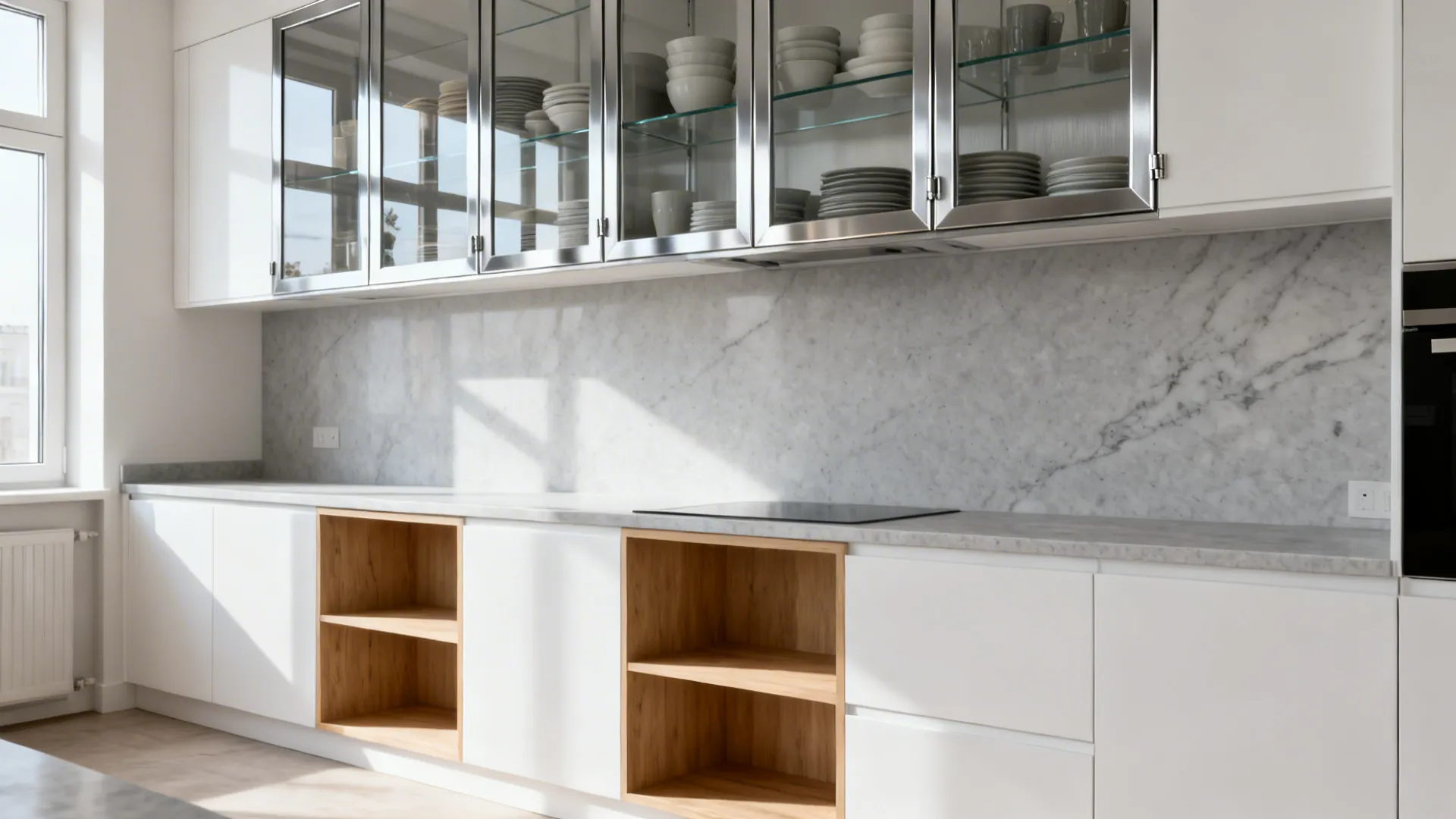 Compact galley kitchen with slim aluminum framed clear glass cabinet fronts and neat ceramics.
