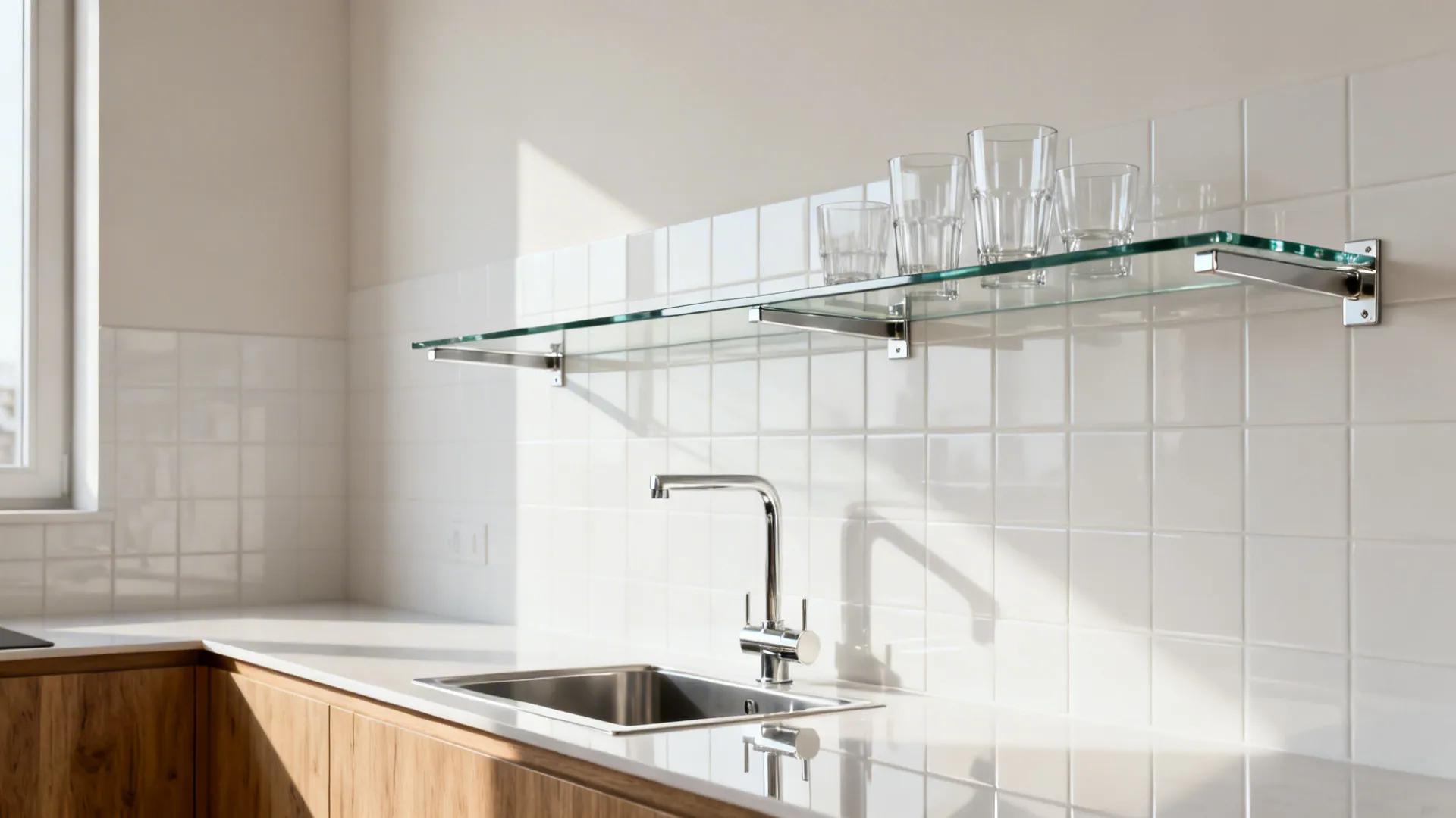 Slim tempered-glass rack over a sink holding daily glasses in a bright minimal kitchen.