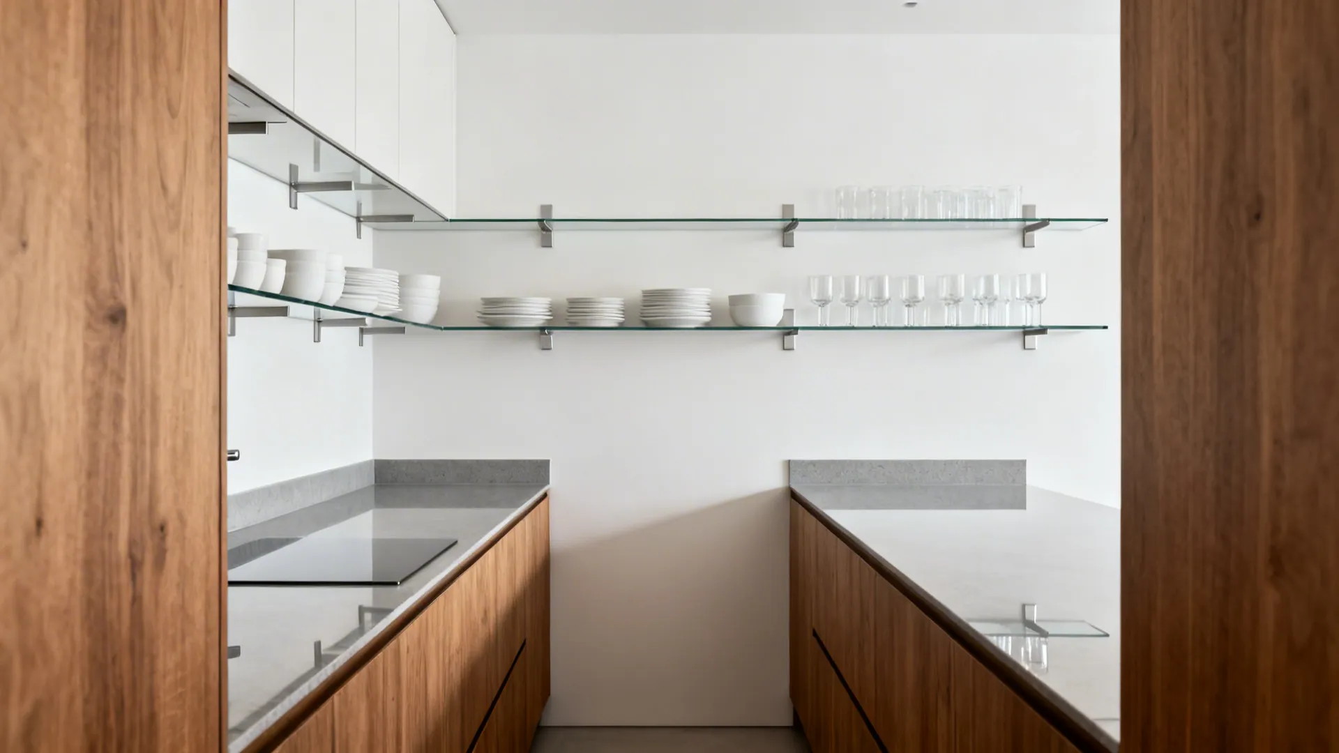 Kitchen with wood cabinets grey counters and glass shelves showing white dishes and glass cups