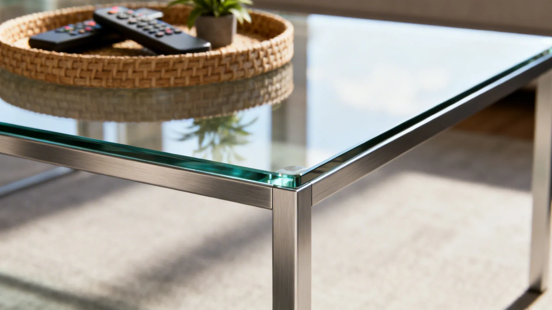Close-up of a thin tempered glass top with slim metal legs and a woven tray for remotes.