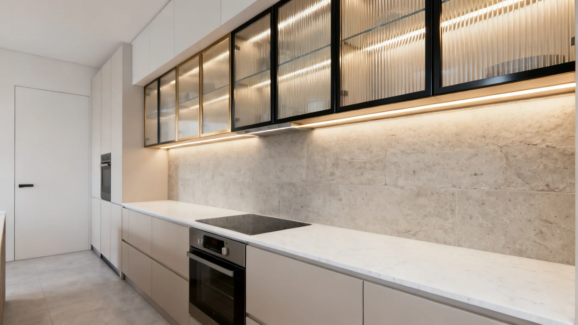 1) Minimalist Glazed Uppers to Open Up Small Kitchens