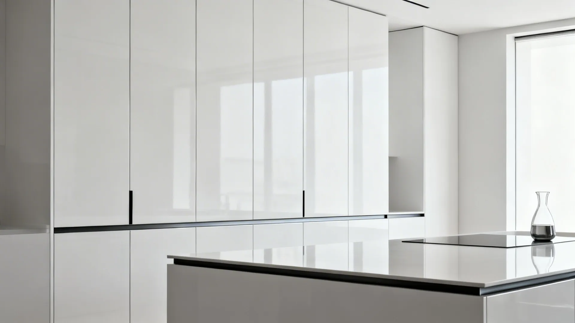 Minimalist high gloss white tall cabinets with handleless fronts and clean lines.