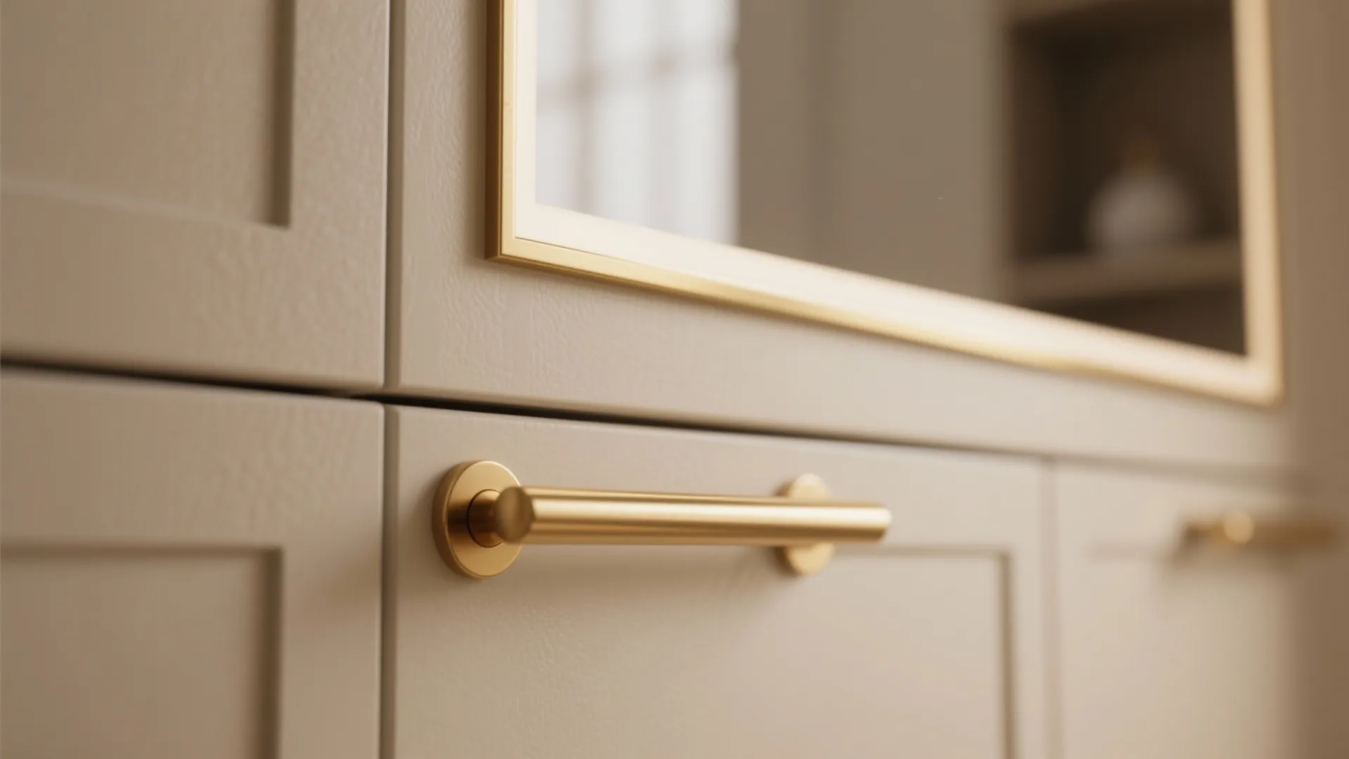 Close up of beige cabinet doors with gold metal handles and a gold framed mirror above