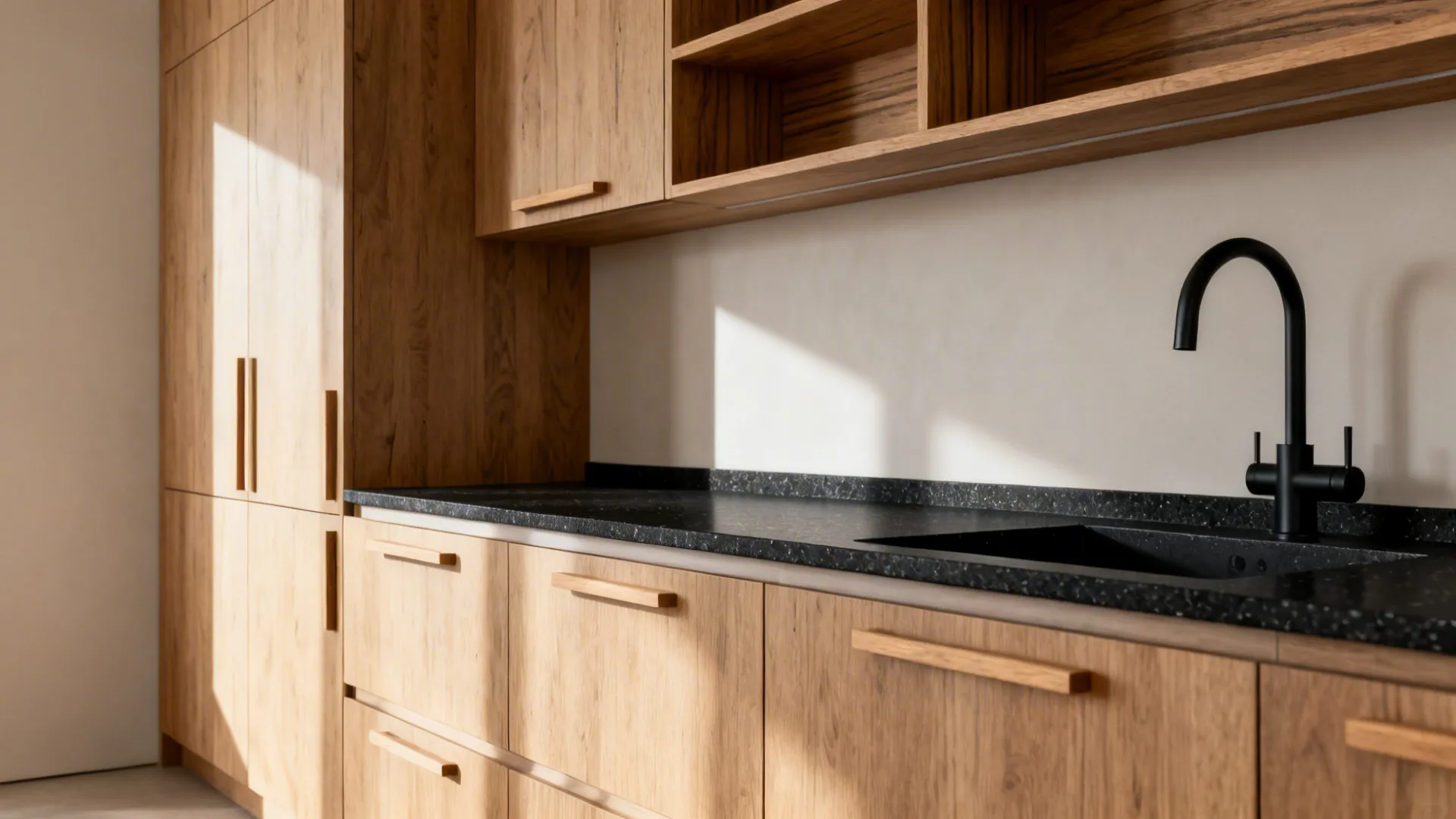 Honed black granite with rift-cut oak cabinets and shelves in a minimalist kitchen