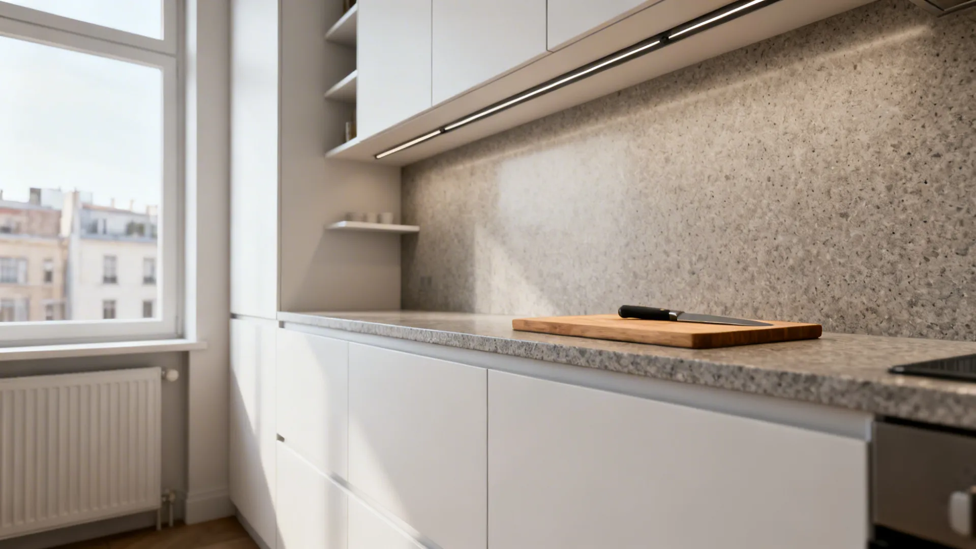 Minimalist storage that respects a classic granite workflow