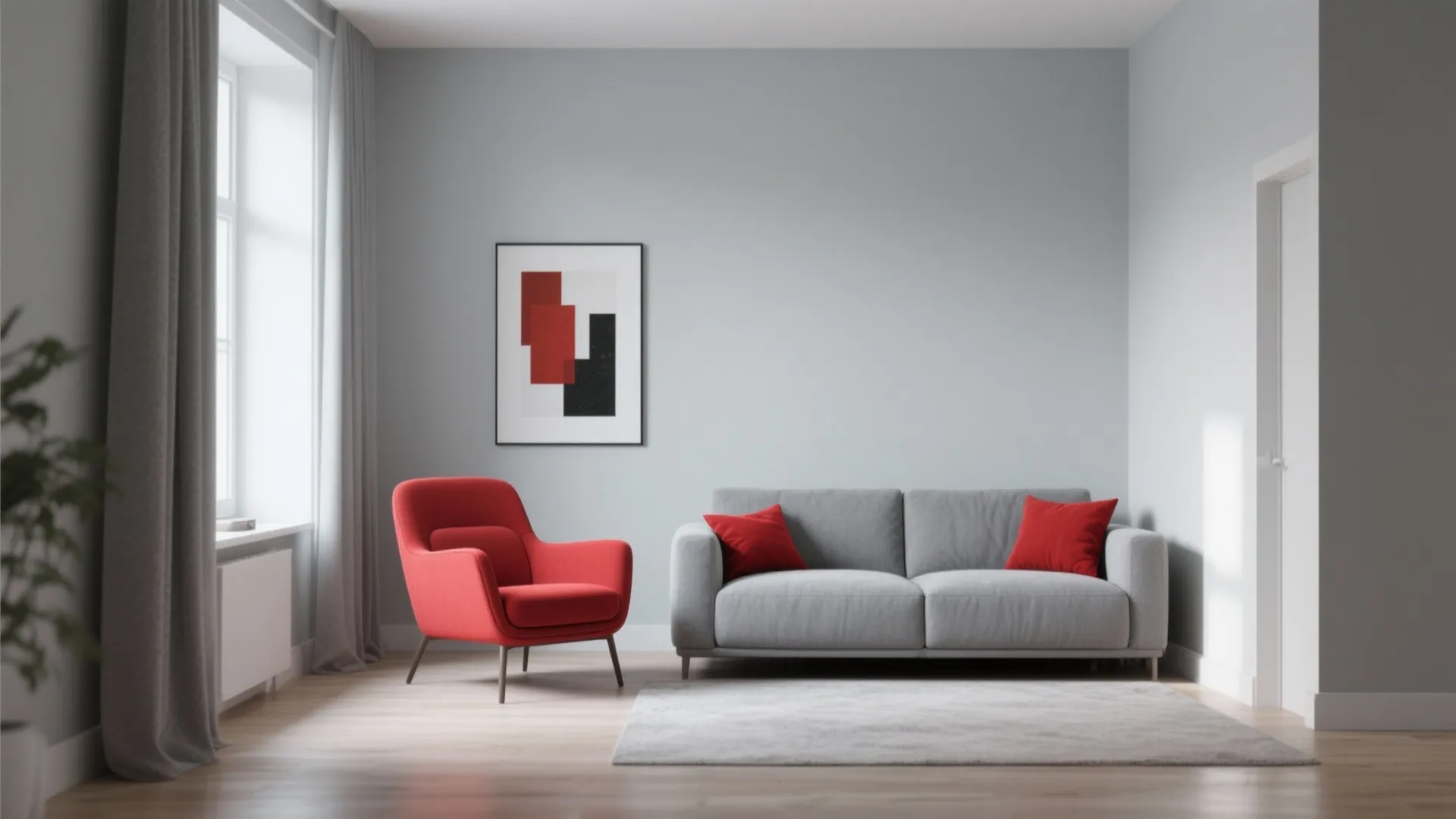 Minimalist living room with gray base and red armchair accents