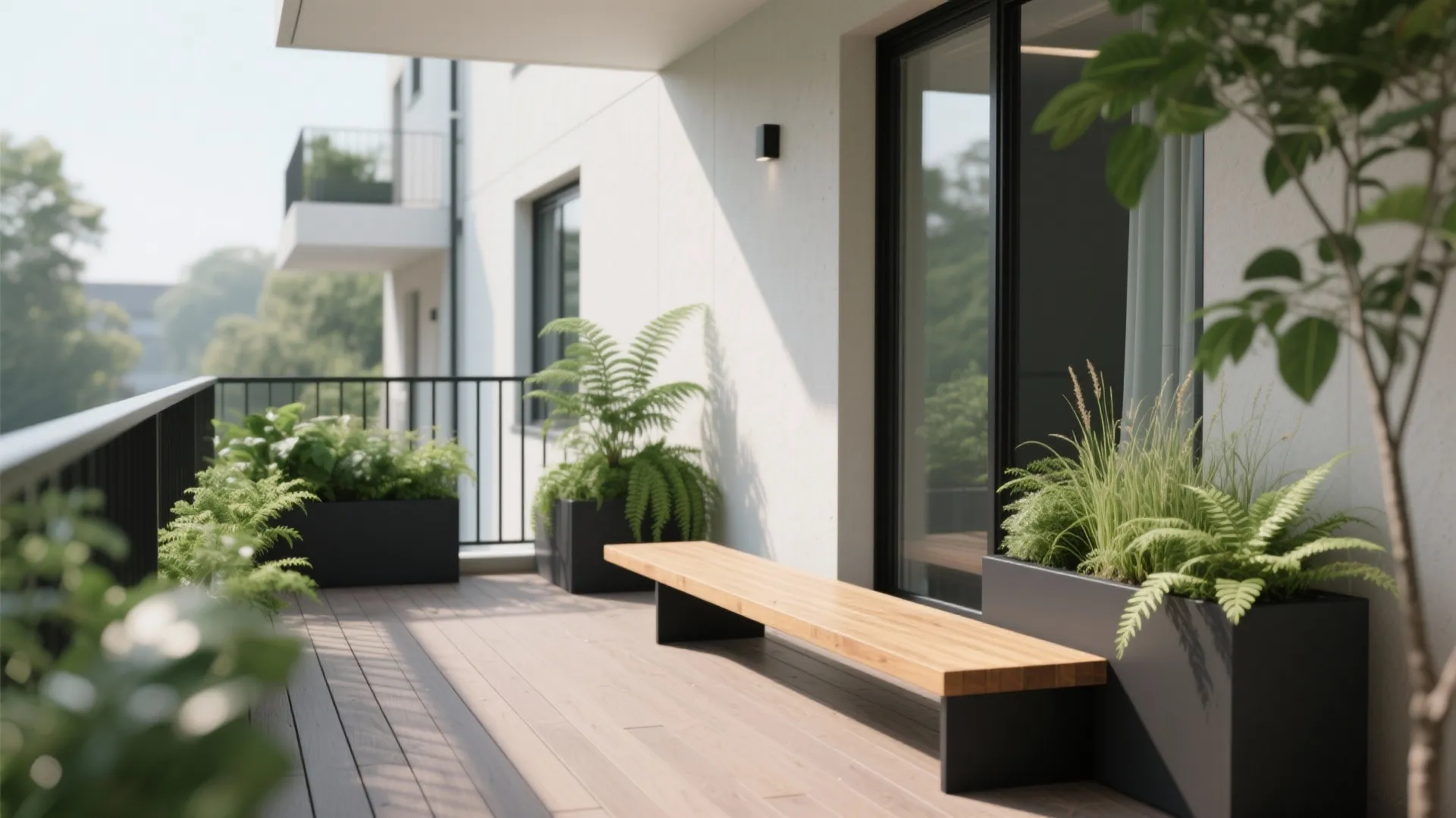 Modern balcony featuring wooden bench black plant boxes with green ferns and glass sliding doors