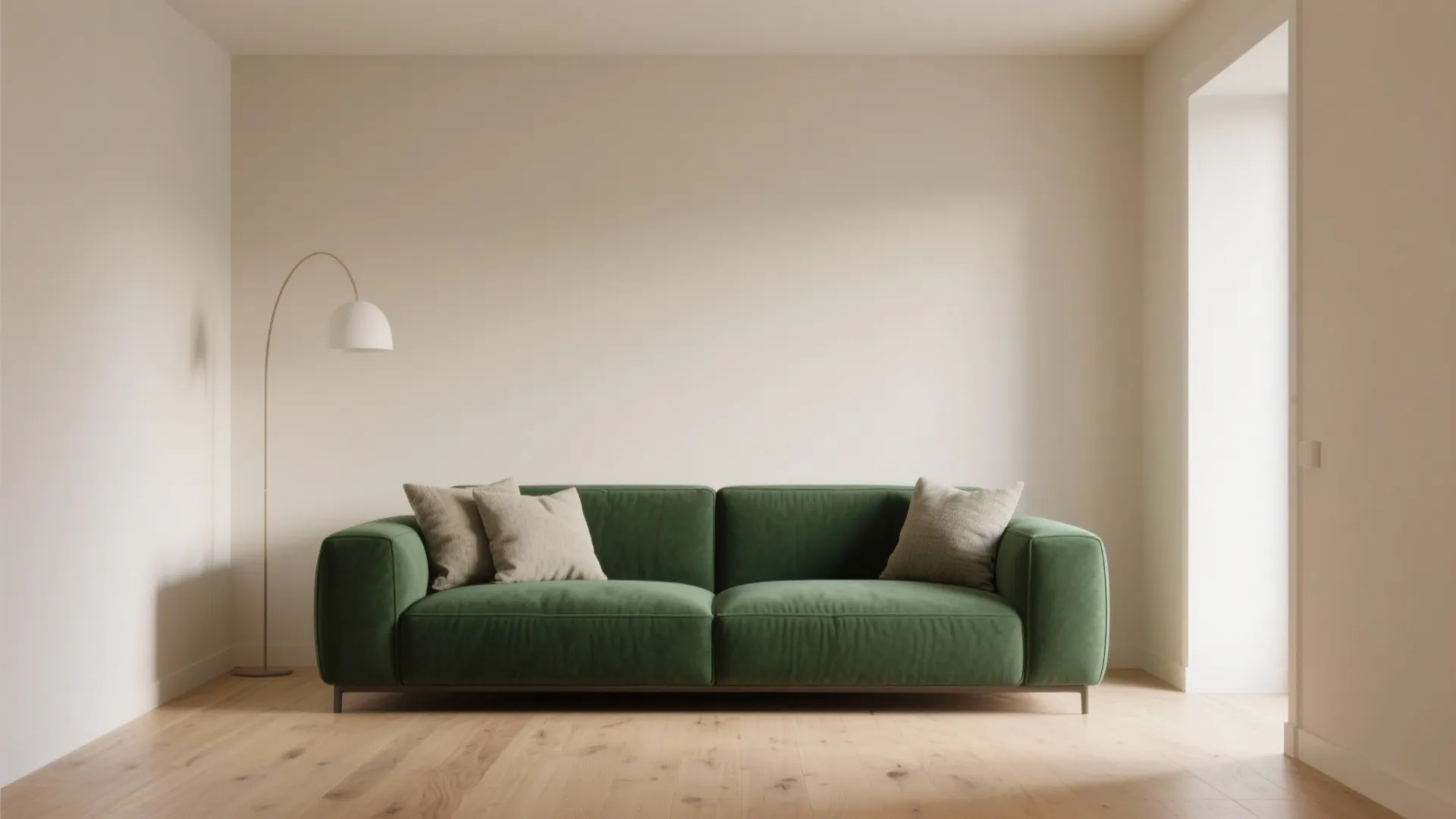 Minimal living room with green sofa floor lamp white walls and light colored wood flooring