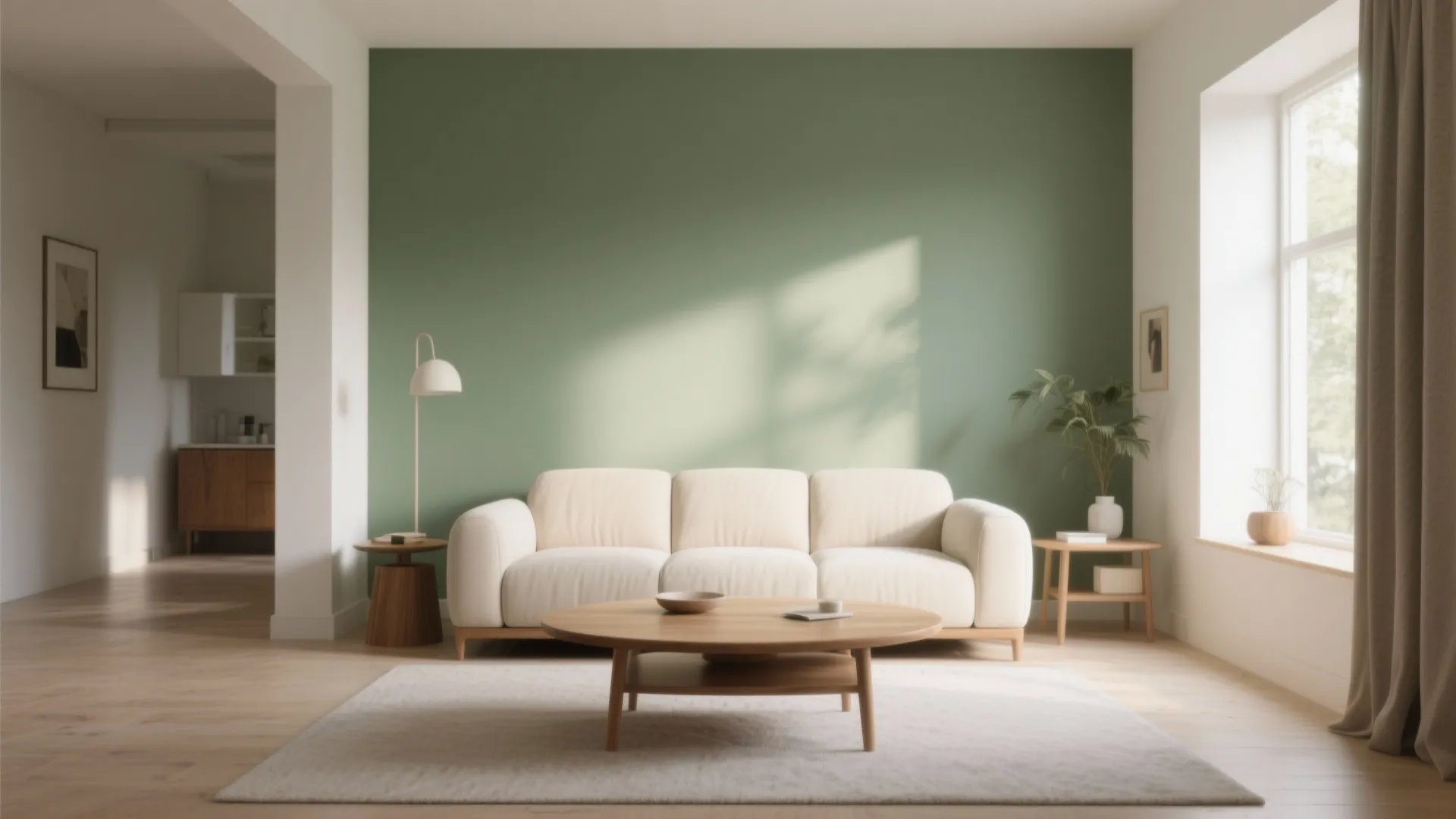 Minimalist living room with olive green accent wall and cream sofa