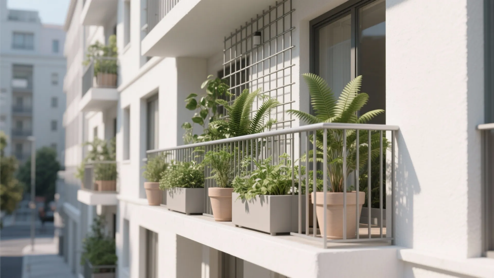 Minimal layered greenery for a clean facade