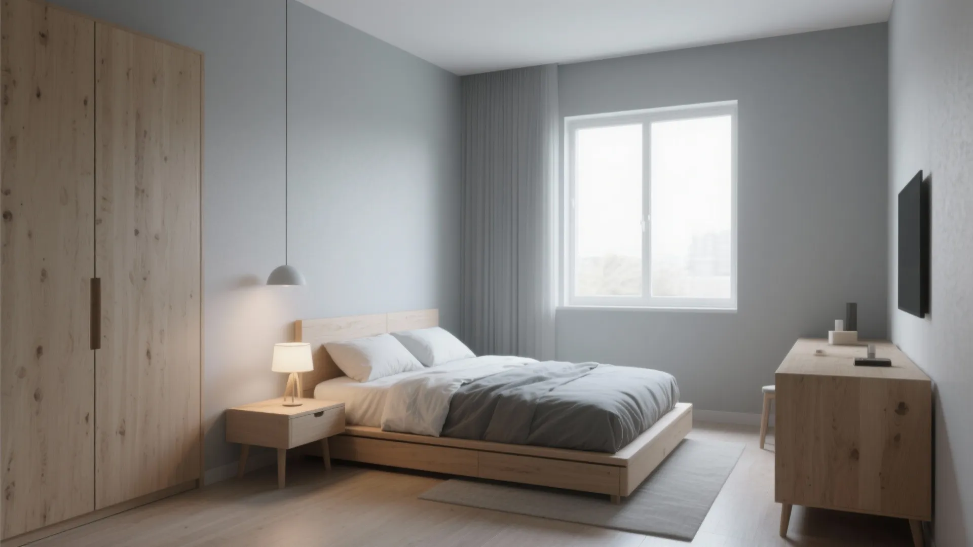 Minimal small bedroom with cool grey walls, clean-lined light wood furniture, and soft natural light.
