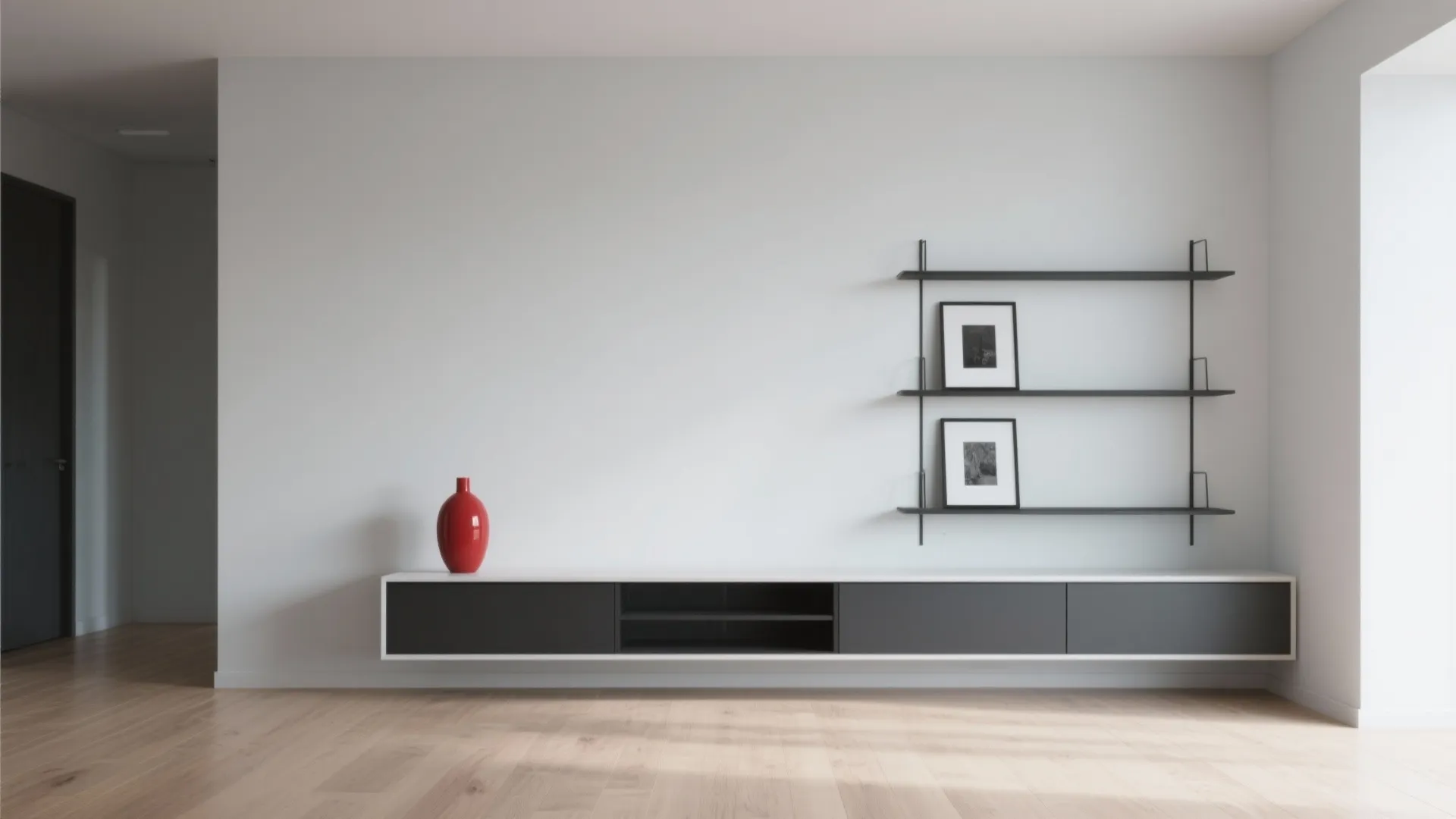 Minimalist Balance: Pale Grey Canvas with Strategic Red and Black