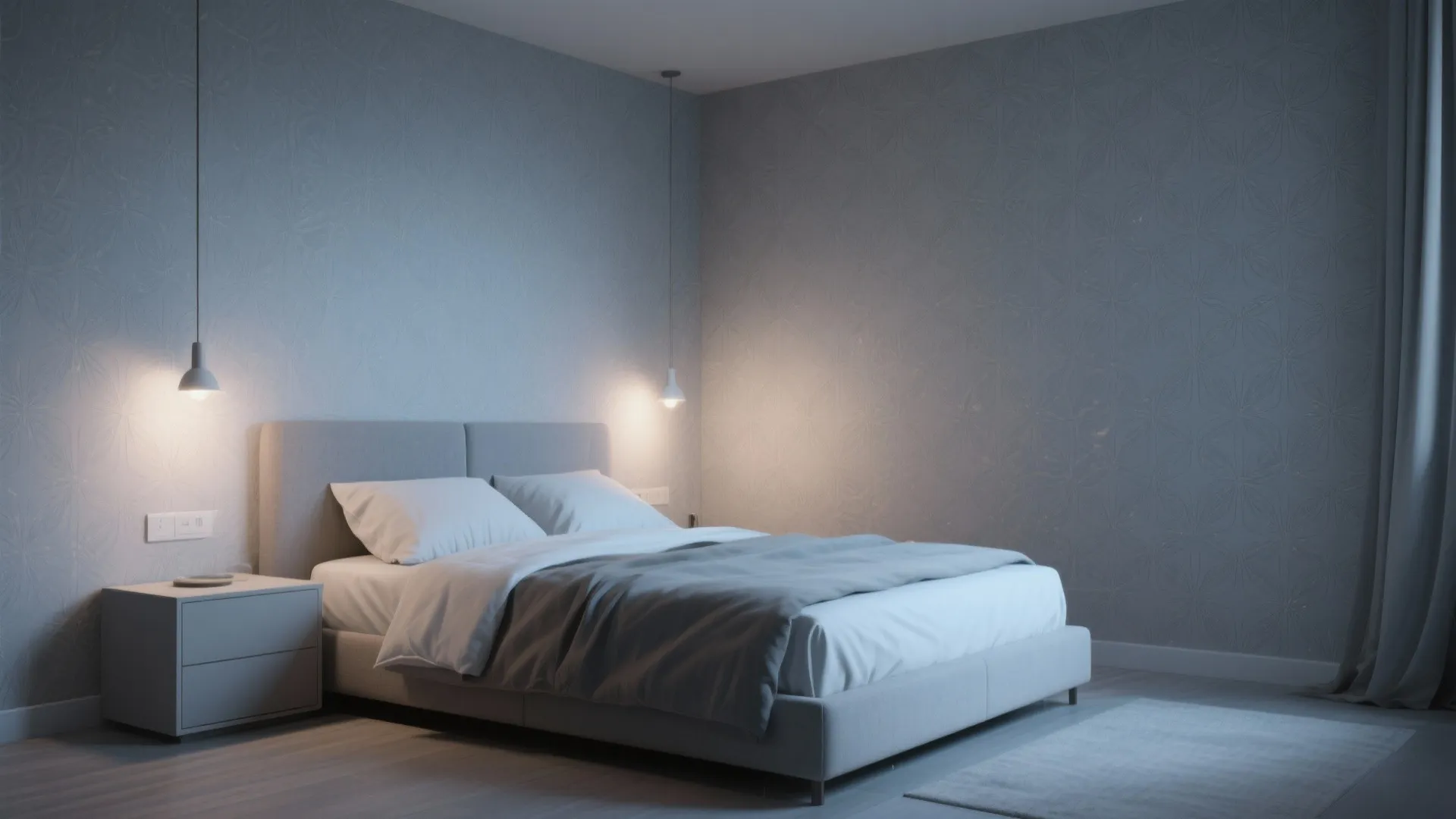 Small bedroom with monochrome grey wallpaper and minimalist decor