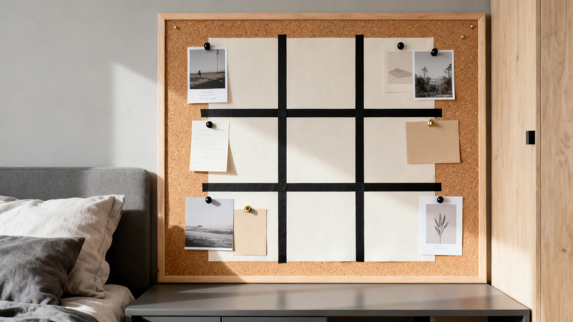 Corkboard with black tape grid lines showing pinned photos and notes next to grey bed