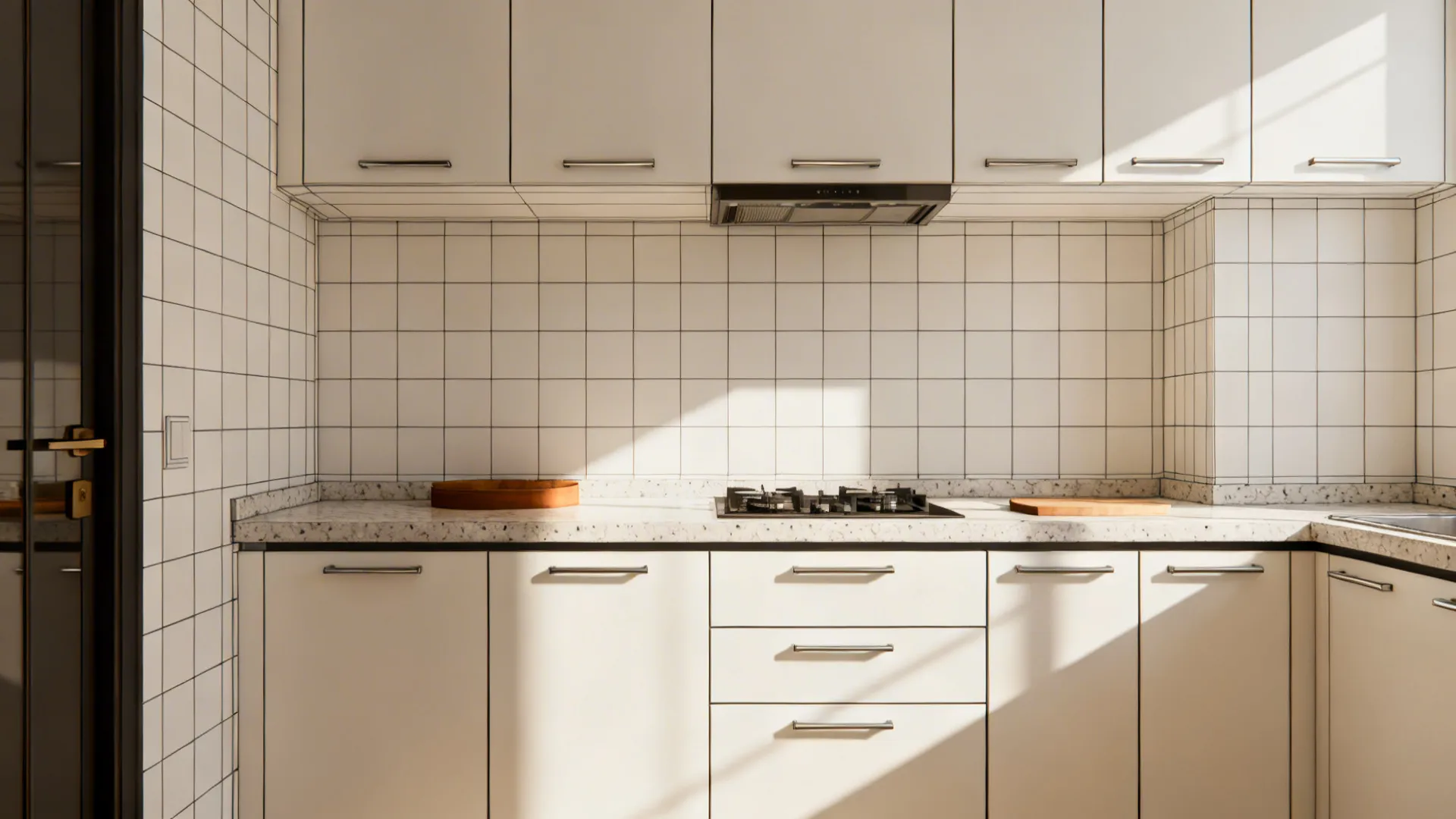Minimalist kitchen cabinet grid with consistent modules and tight reveals in a clean small space