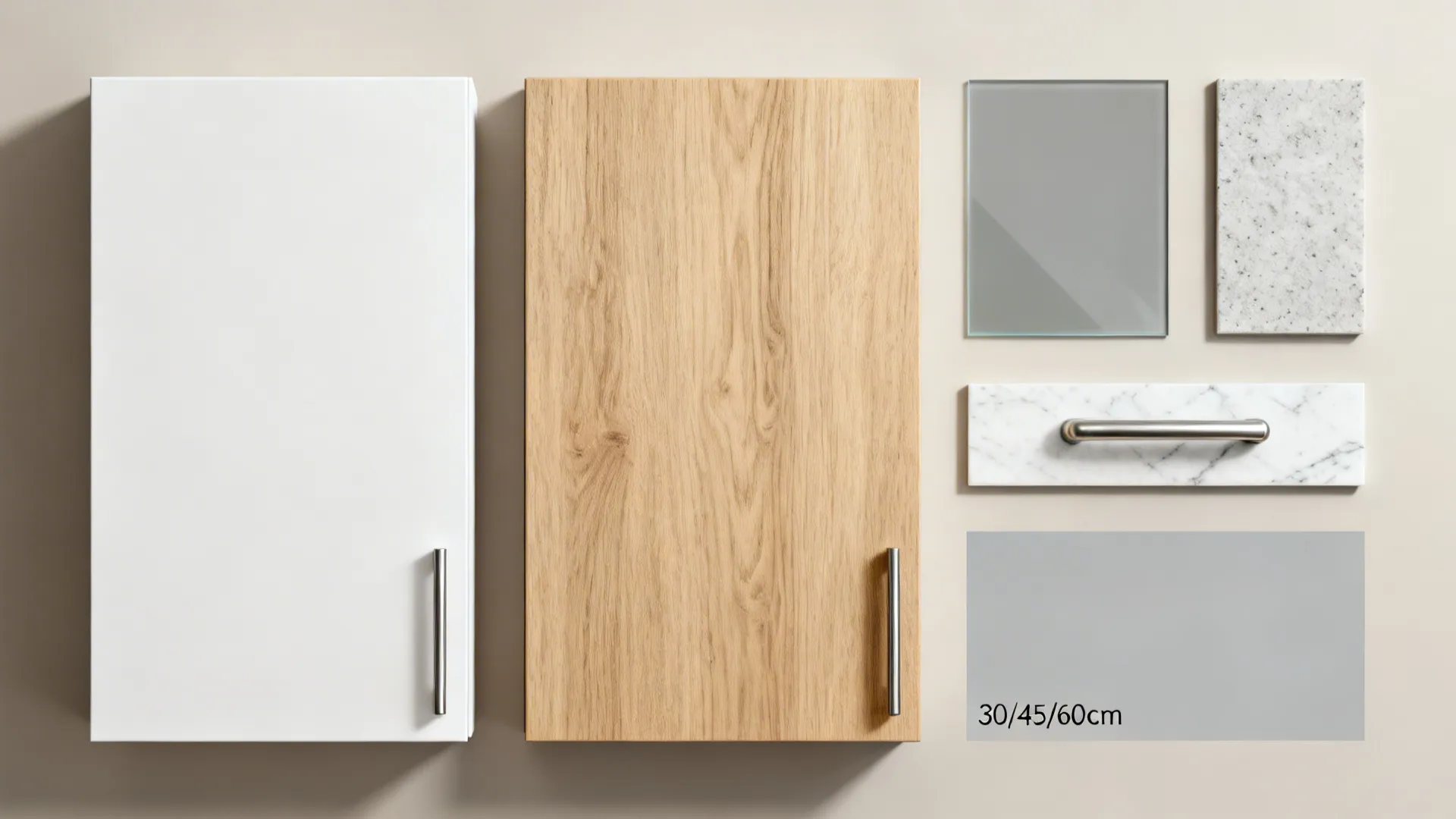 Flat lay of white fronts, oak veneer, gray glass, quartz, and stainless hardware in a neat grid.