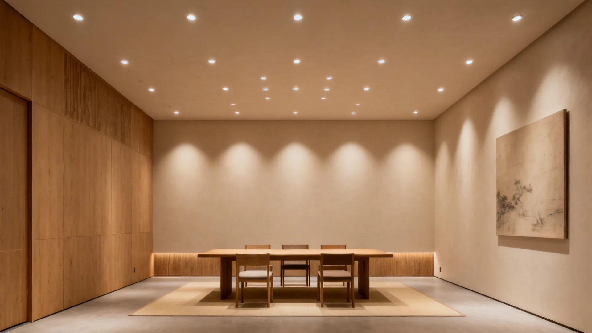 Minimal POP ceiling with a tight grid of small recessed spotlights washing the walls.