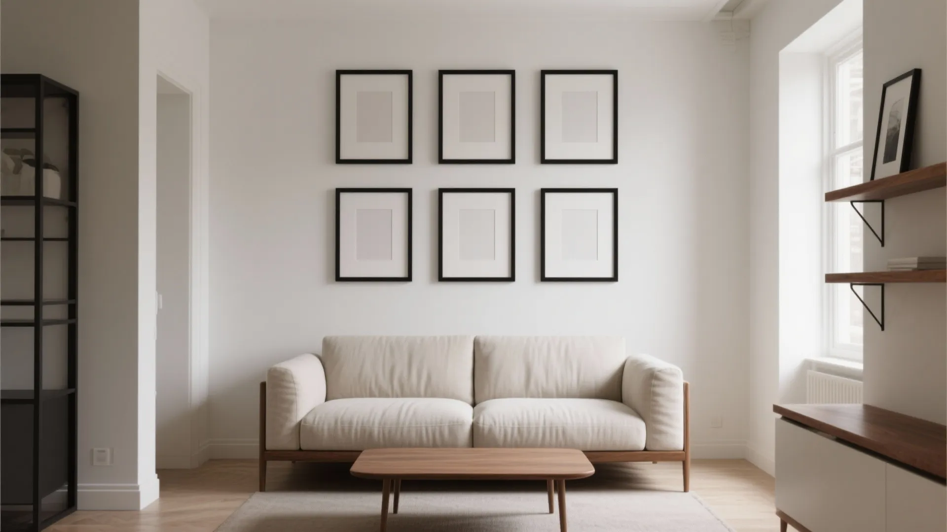 Minimalist interior with a beige sofa wood table and a grid of empty black frames