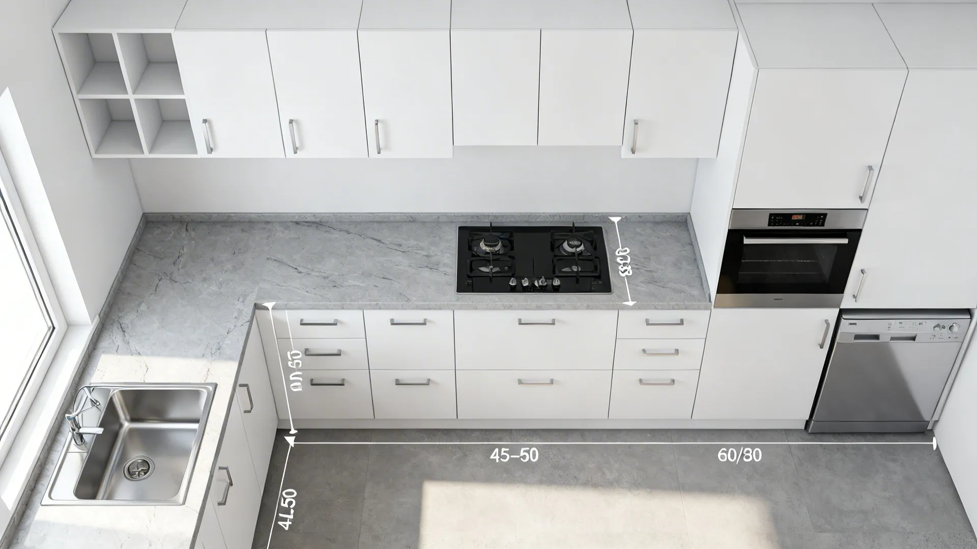 Top-view kitchen plan showing a minimalist grid with standardized cabinet modules and zones.