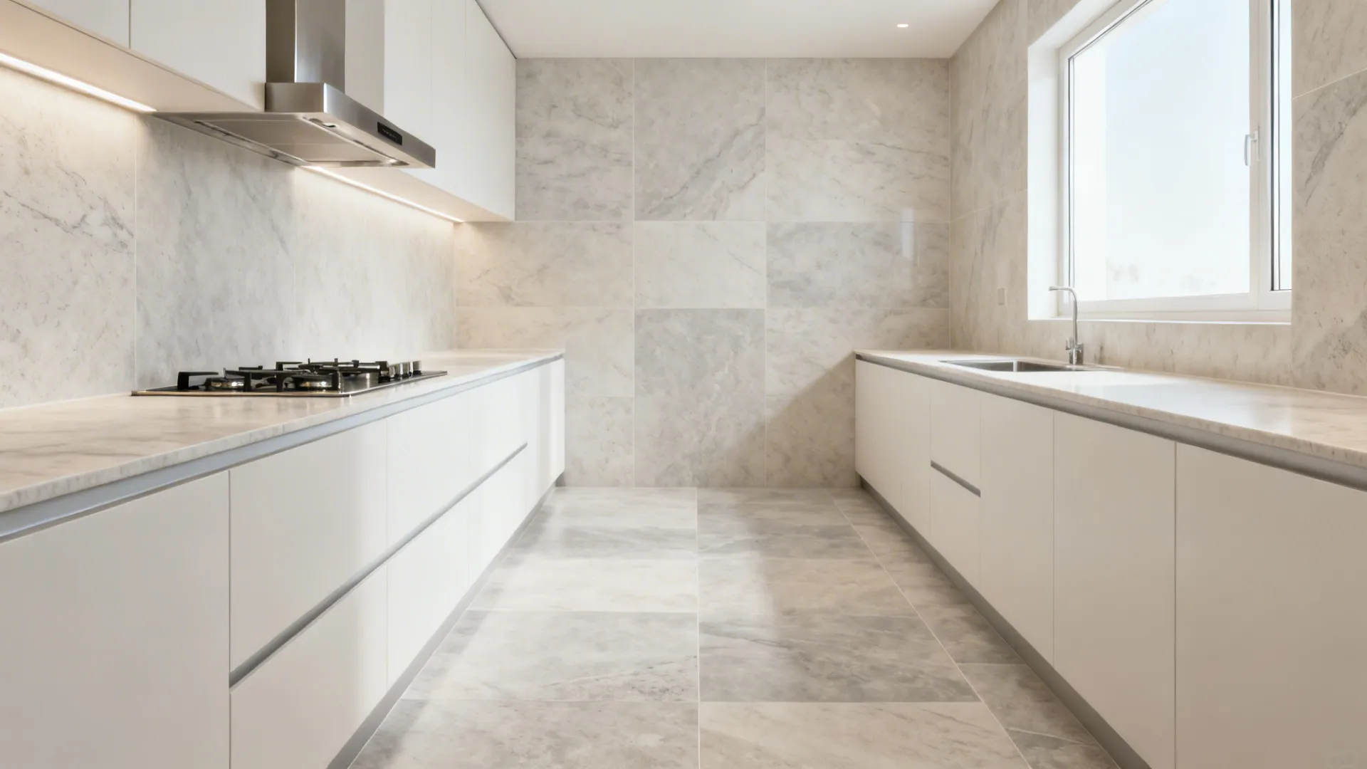 Galley kitchen with large-format porcelain tiles and minimal grout lines for a calm look.
