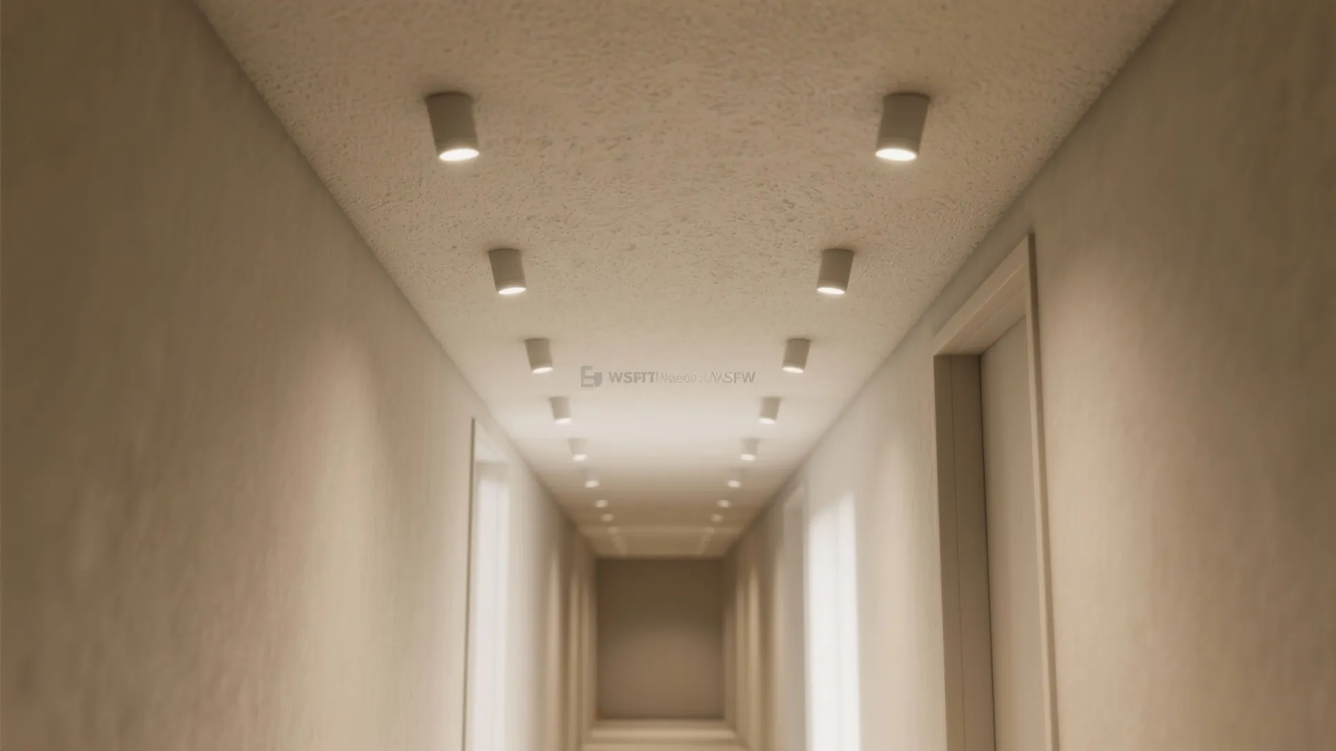 Long white hallway with several small ceiling light fixtures creating a bright and minimalist design