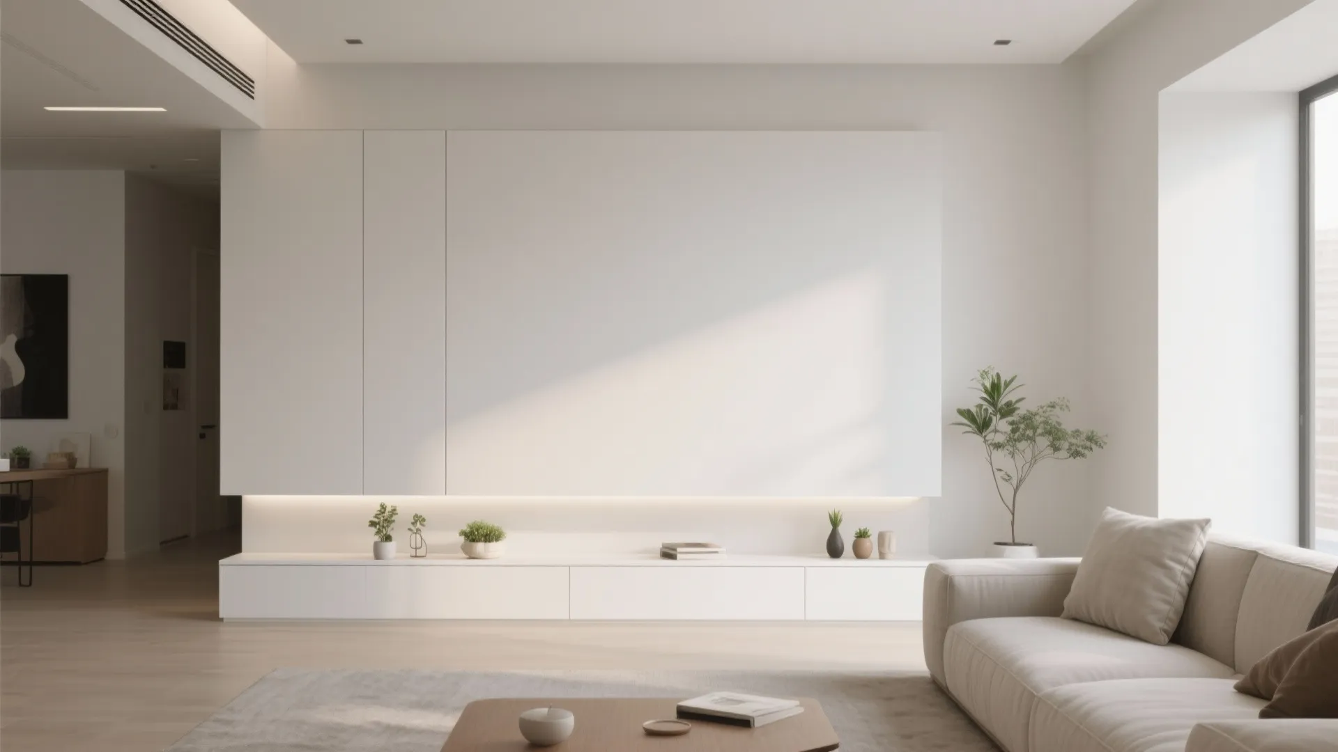 Minimalist white living room featuring a long low cabinet and hidden light under a wall panel