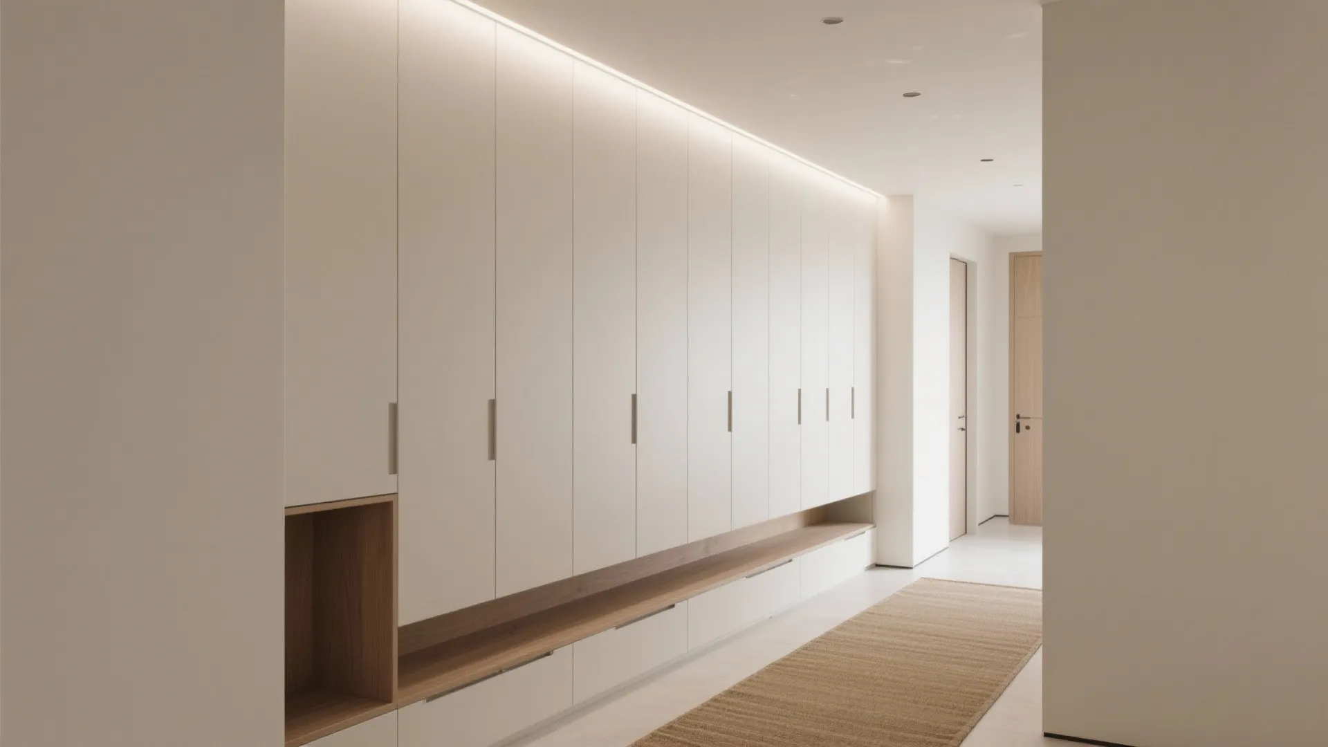 Minimalist hallway with long white built-in cabinet storage wood shelf floor rug and warm lighting