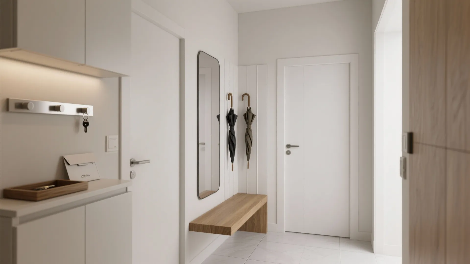 Minimalist white entryway with wooden bench, tall mirror, wall hooks, umbrellas, and small storage unit