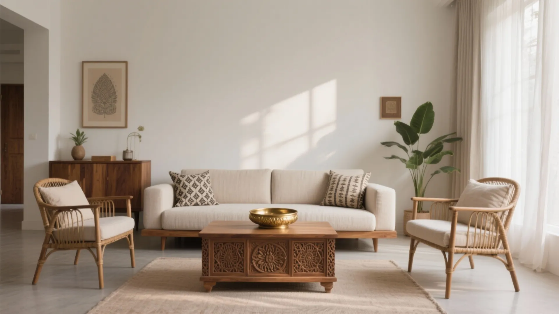 Living room with beige sofa woven armchairs carved coffee table wooden cabinet and warm sunlight