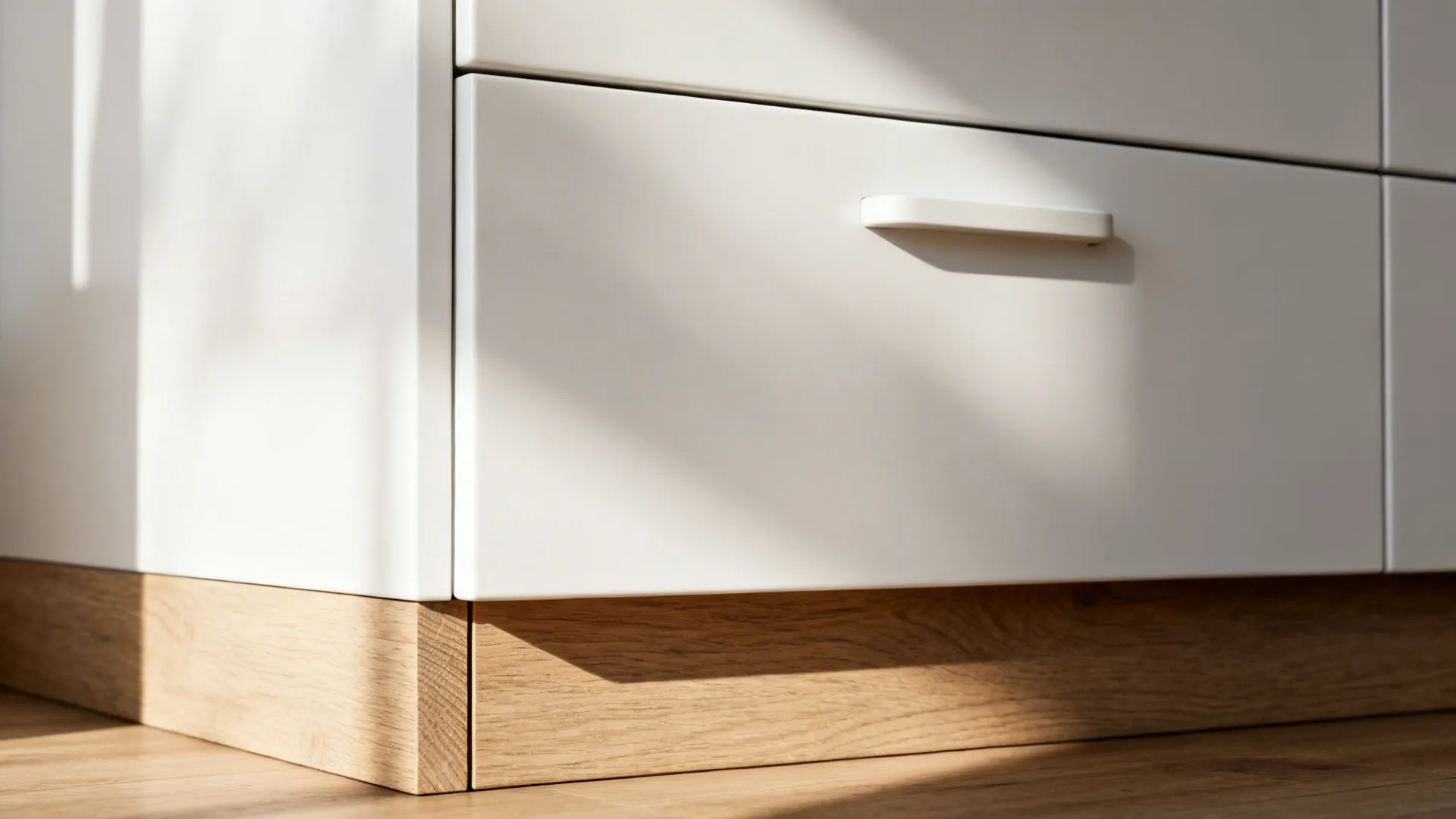 Macro of integrated cabinet pull on a matte white panel with wood toe-kick.