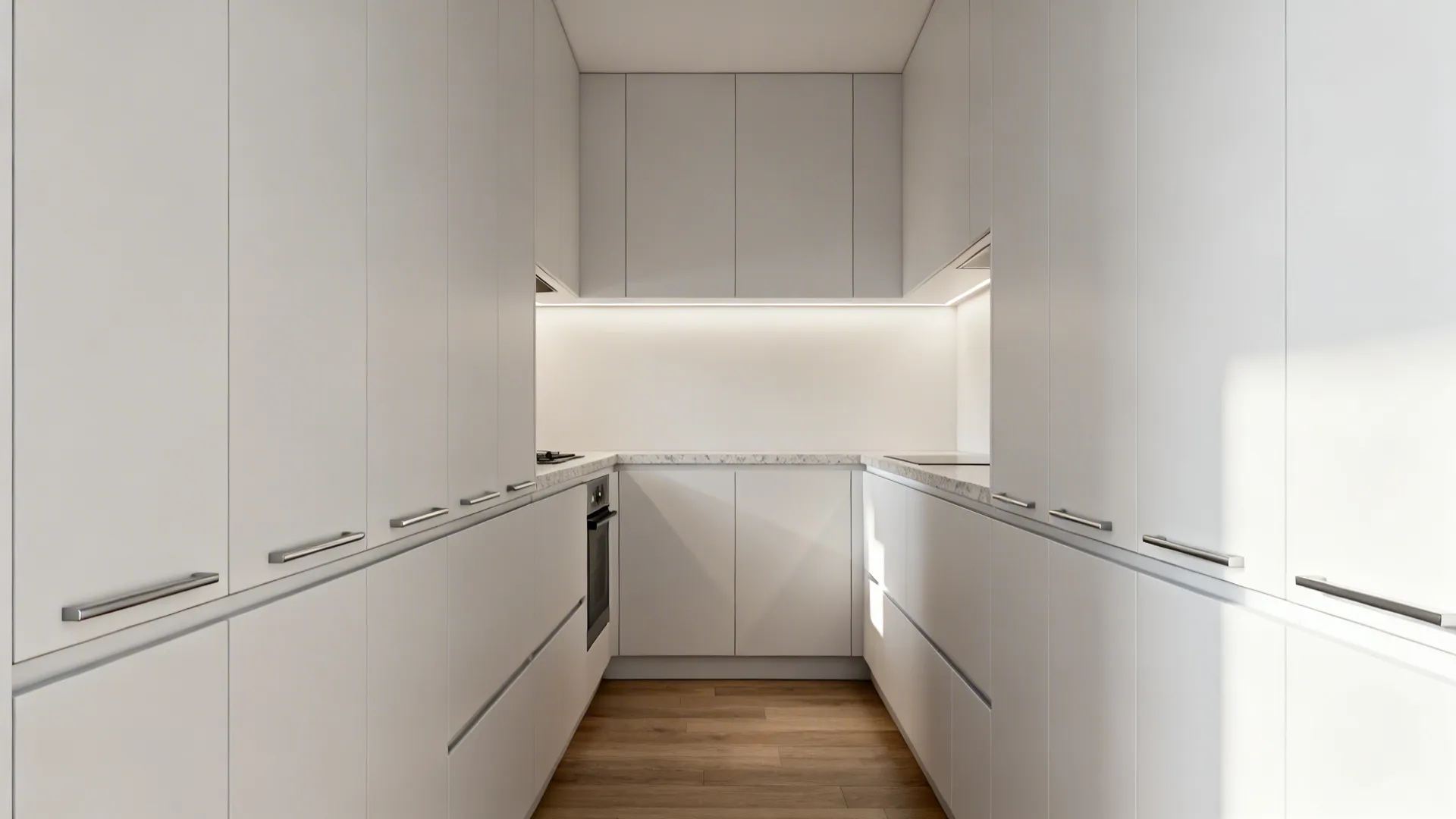 Narrow galley kitchen with matte handleless cabinets and soft under-cabinet lighting.