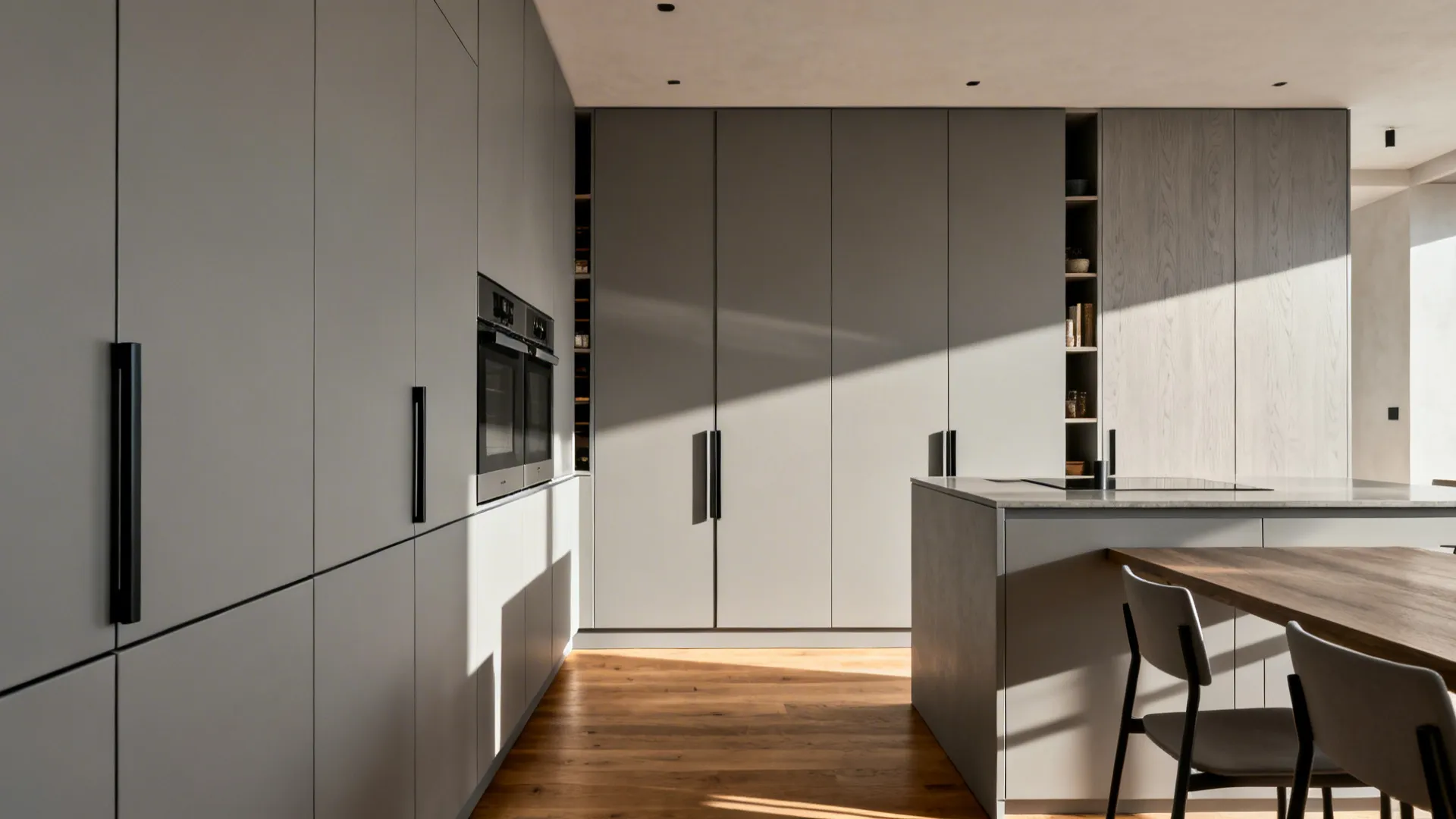 Handleless full-height cabinets create a calm, clutter-free open plan kitchen diner.