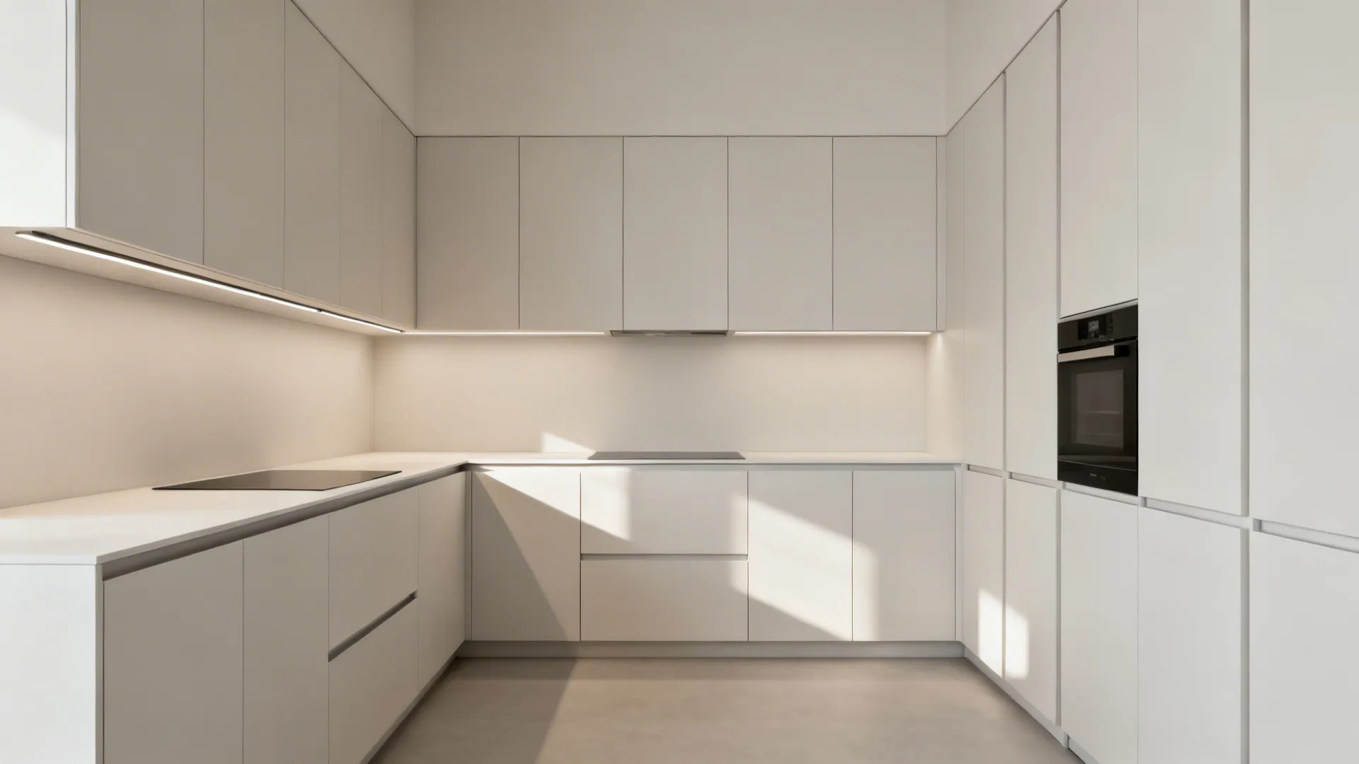 Minimalist L-shaped kitchen with full-height handleless slab cabinets and clean shadow lines.