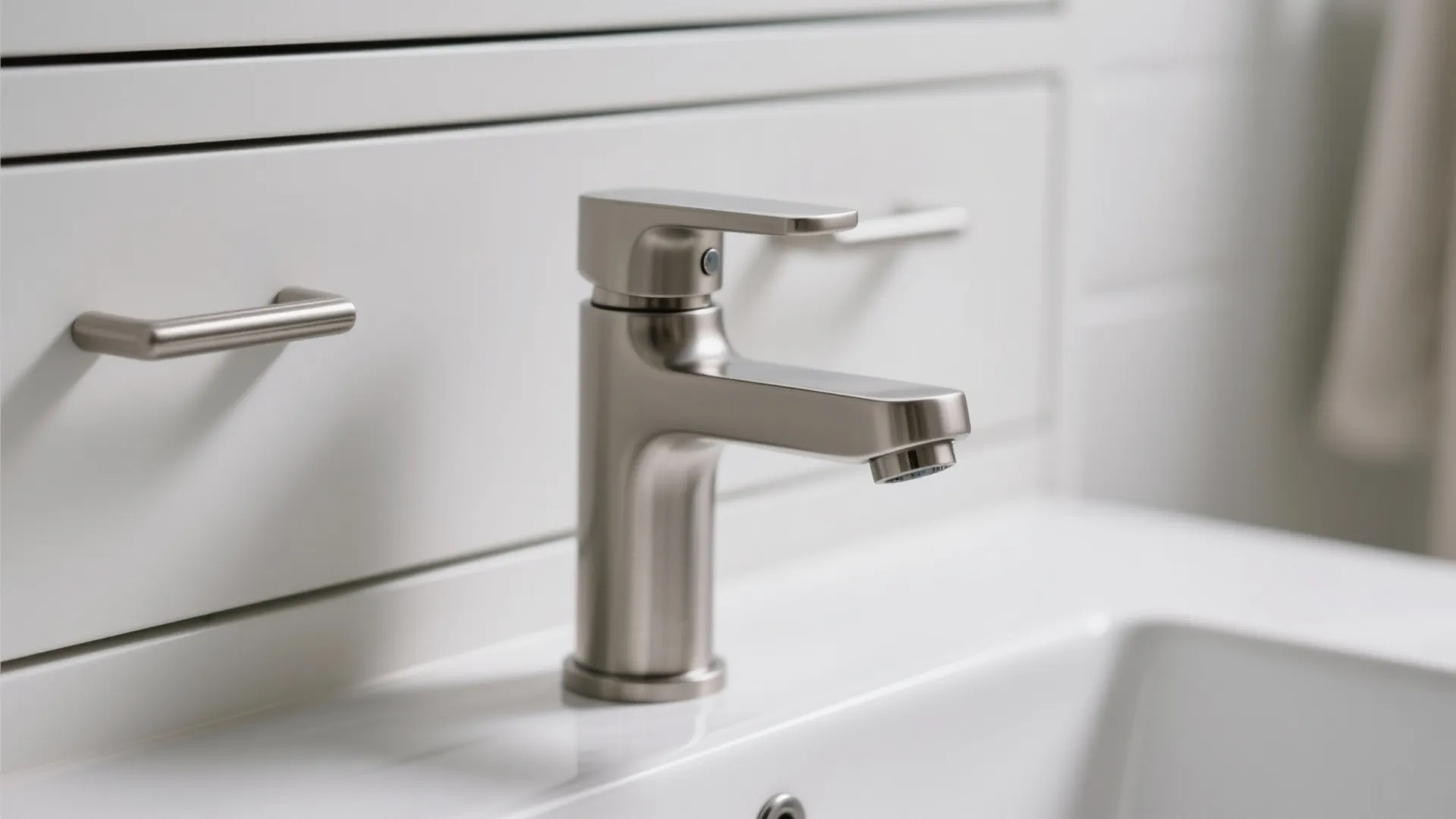 Modern brushed metal sink water faucet installed on white bathroom cabinet with small metal drawer handles