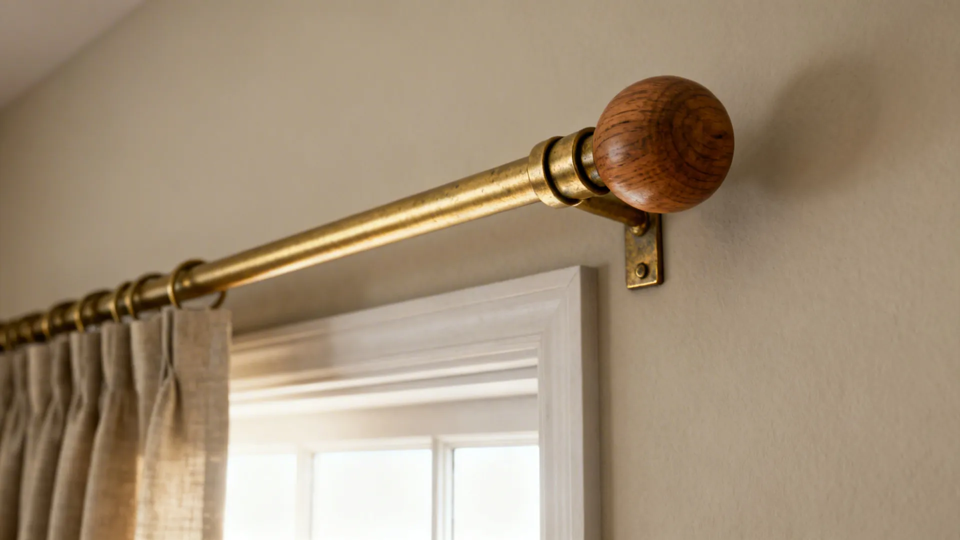Slim matte brass curtain rod and wooden finial installed above a window in mid-century style