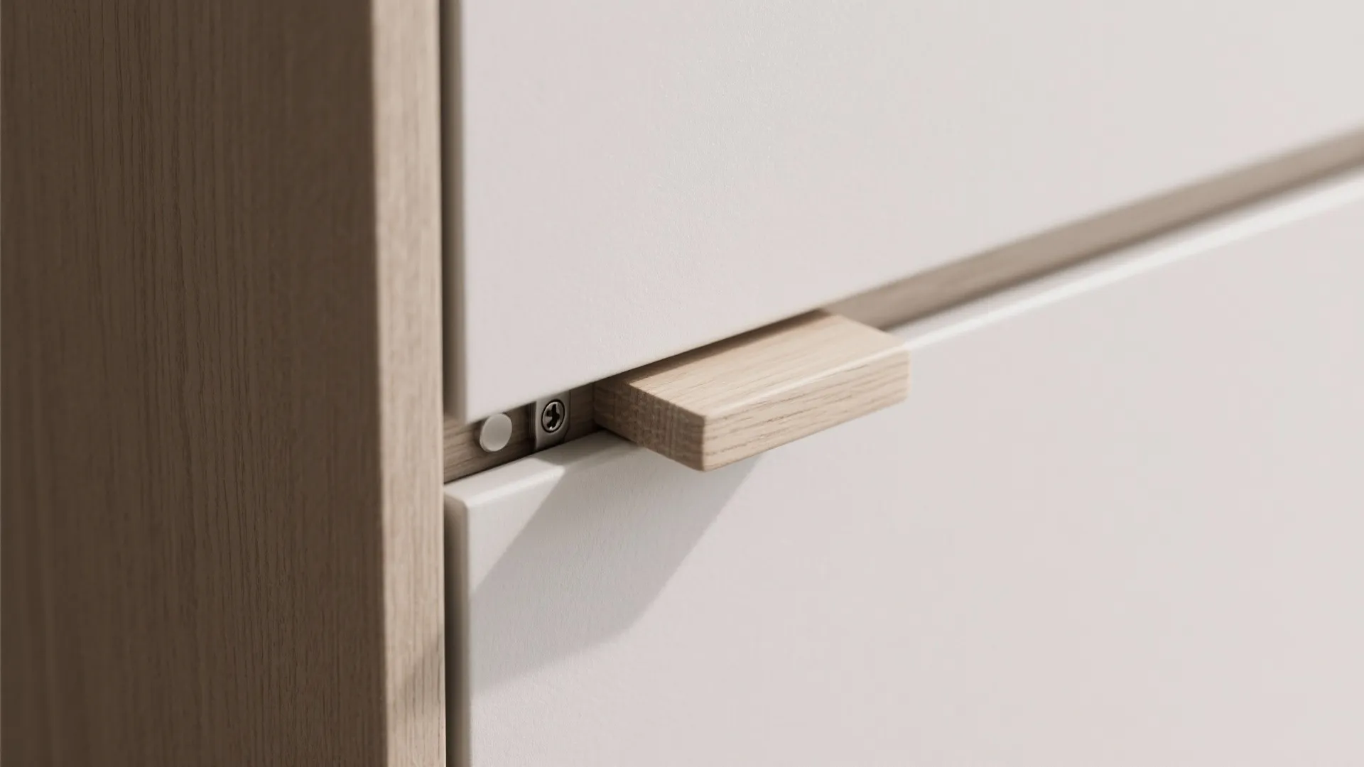 Close-up of white cabinet doors with a simple wooden handle and small metal screw detail