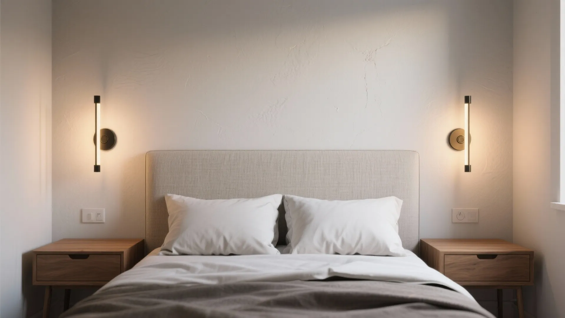 Minimalist bedroom with two vertical wall lights on either side of bed and wooden tables